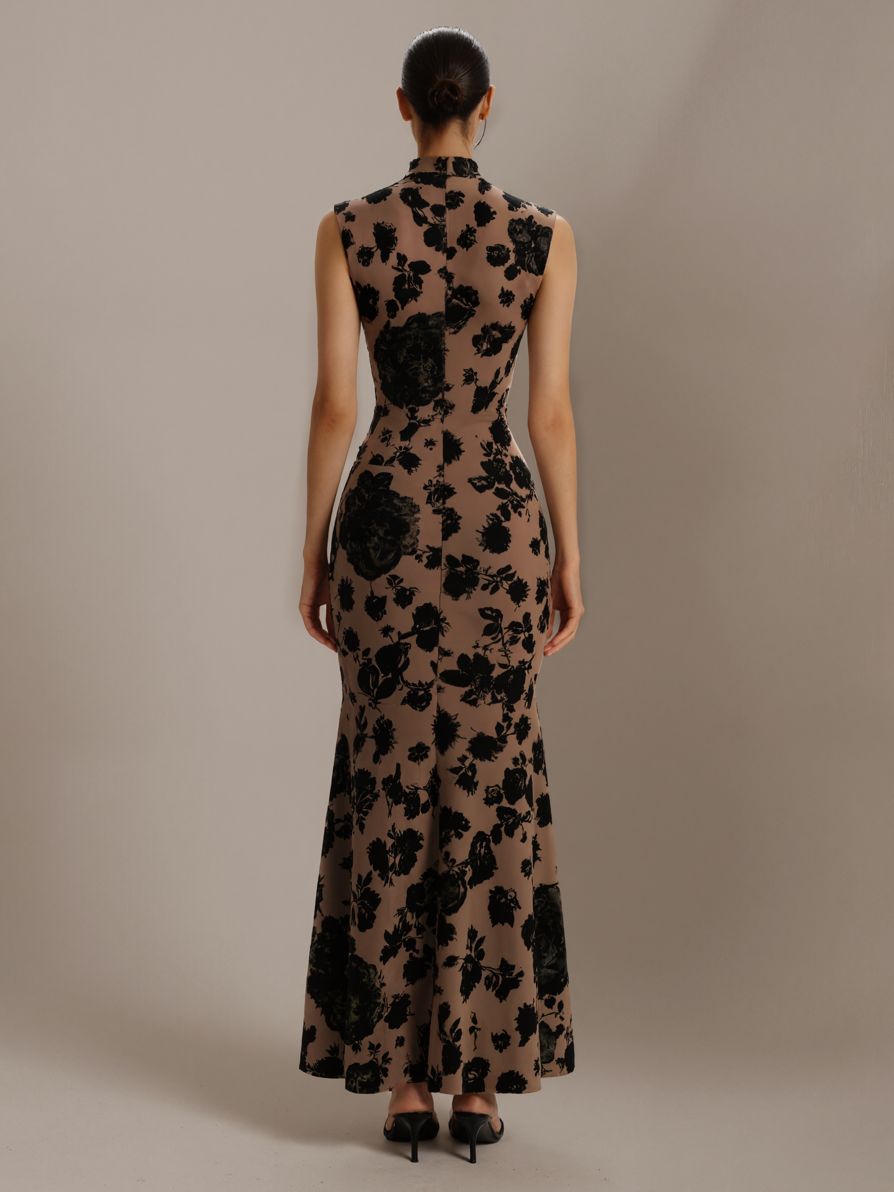 ‘Dark Brown Floral Shadow’Chinese-Style Flocked Qipao Dress