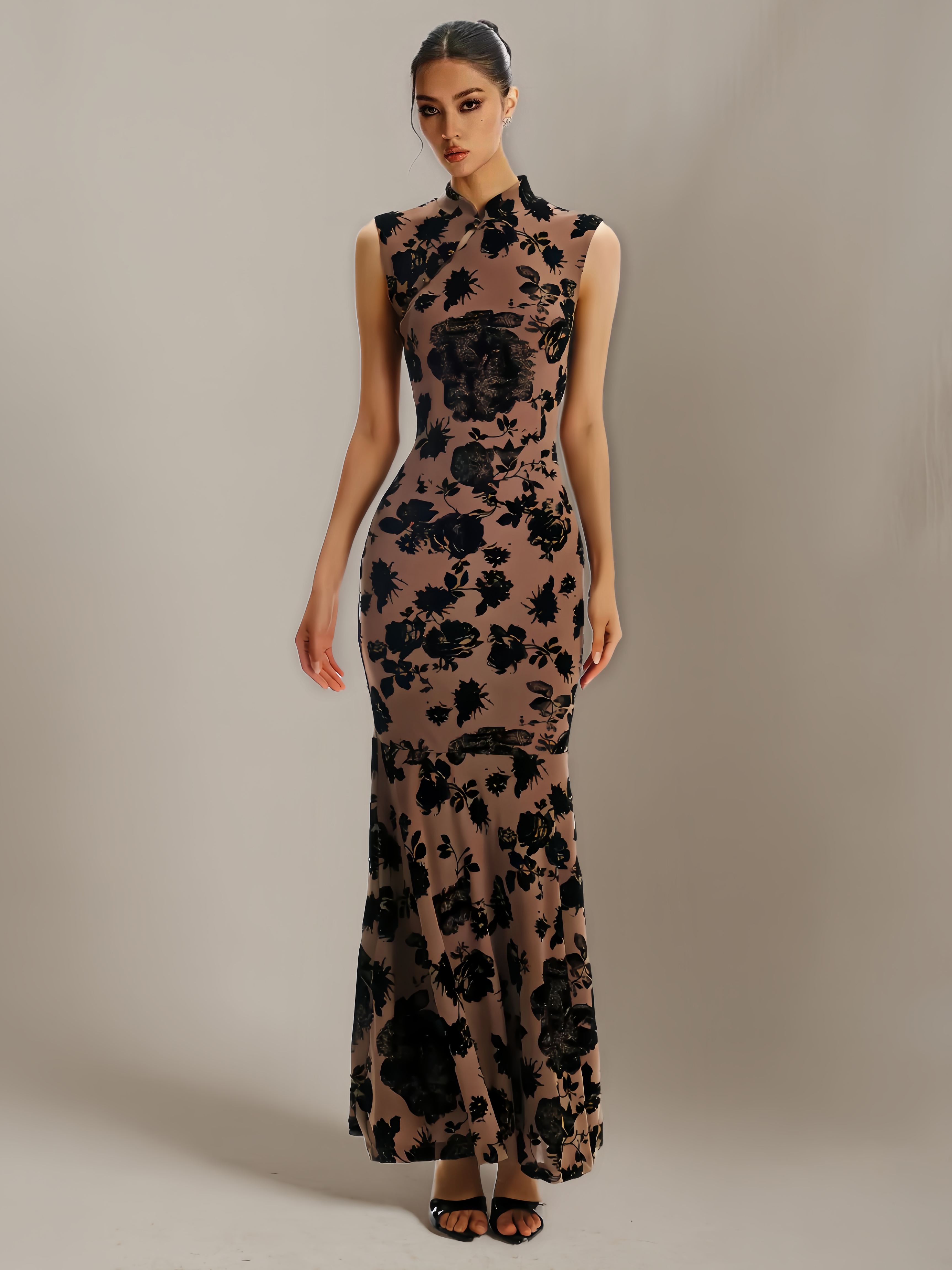 ‘Dark Brown Floral Shadow’Chinese-Style Flocked Qipao Dress