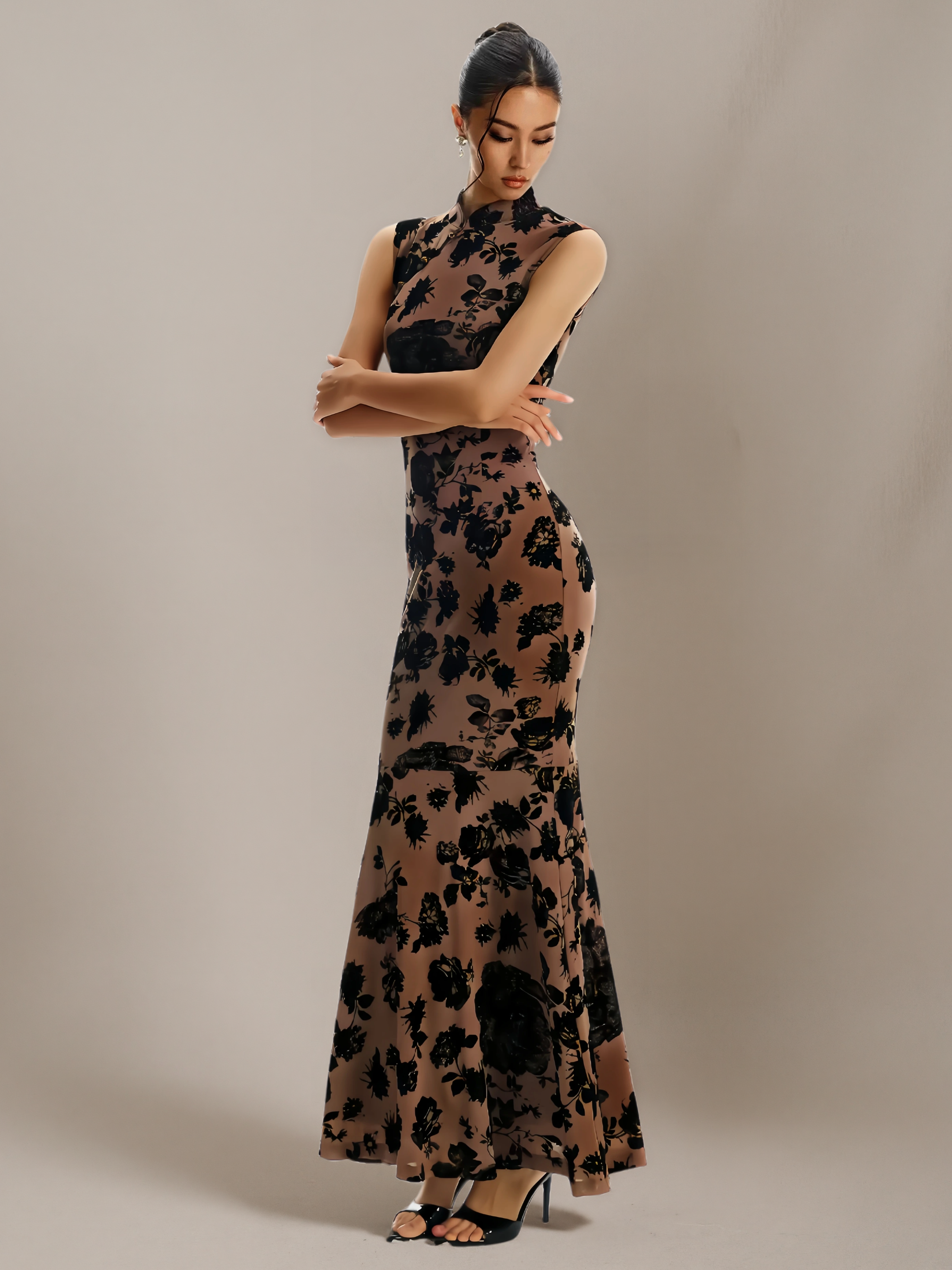 ‘Dark Brown Floral Shadow’Chinese-Style Flocked Qipao Dress