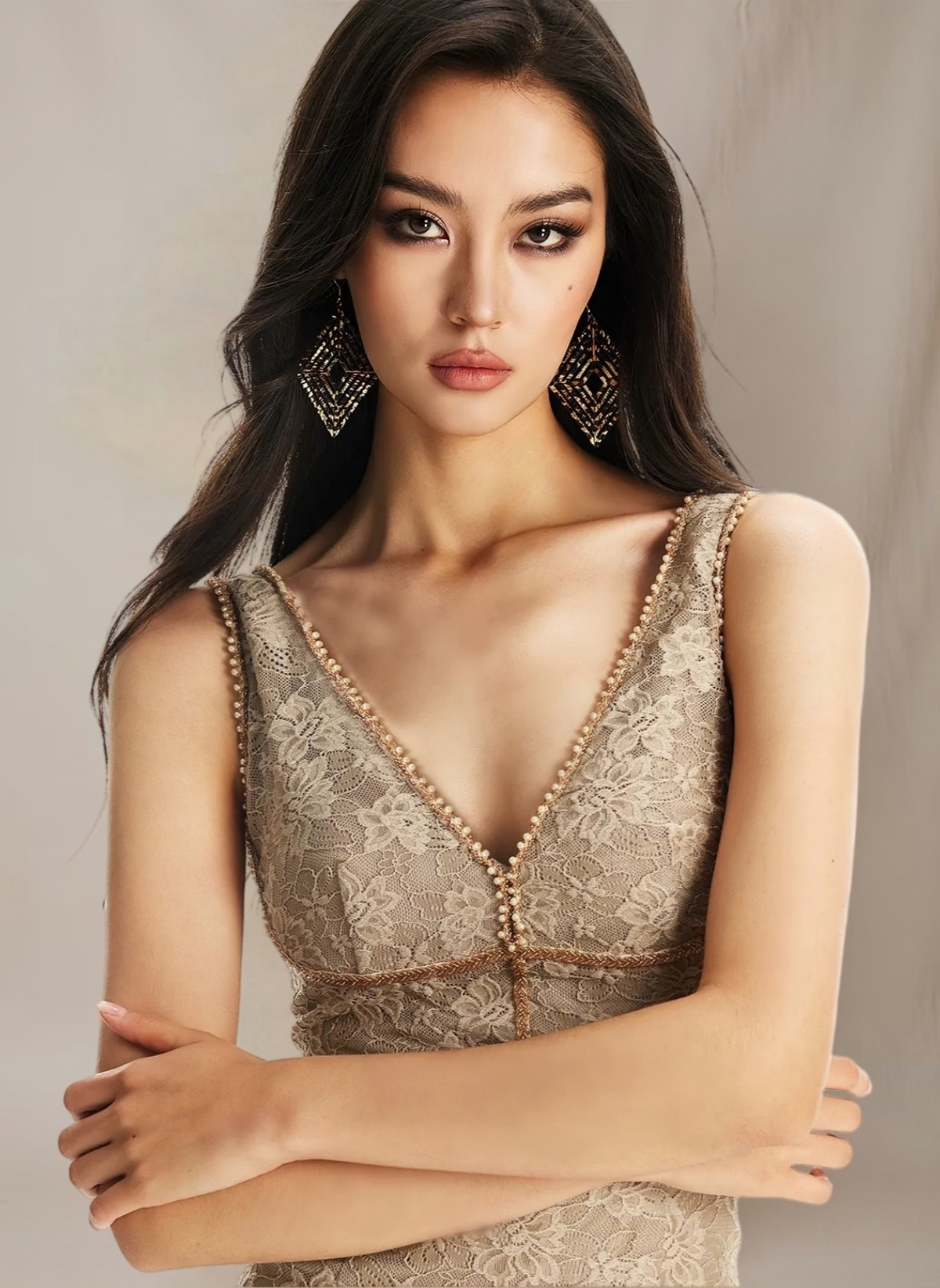 Beaded V-Neck Lace Fitted Dress