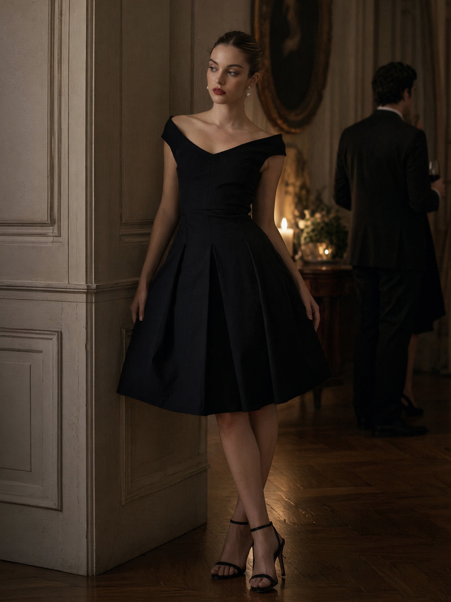 Geometric Cut Fitted Waist V-neck Dress