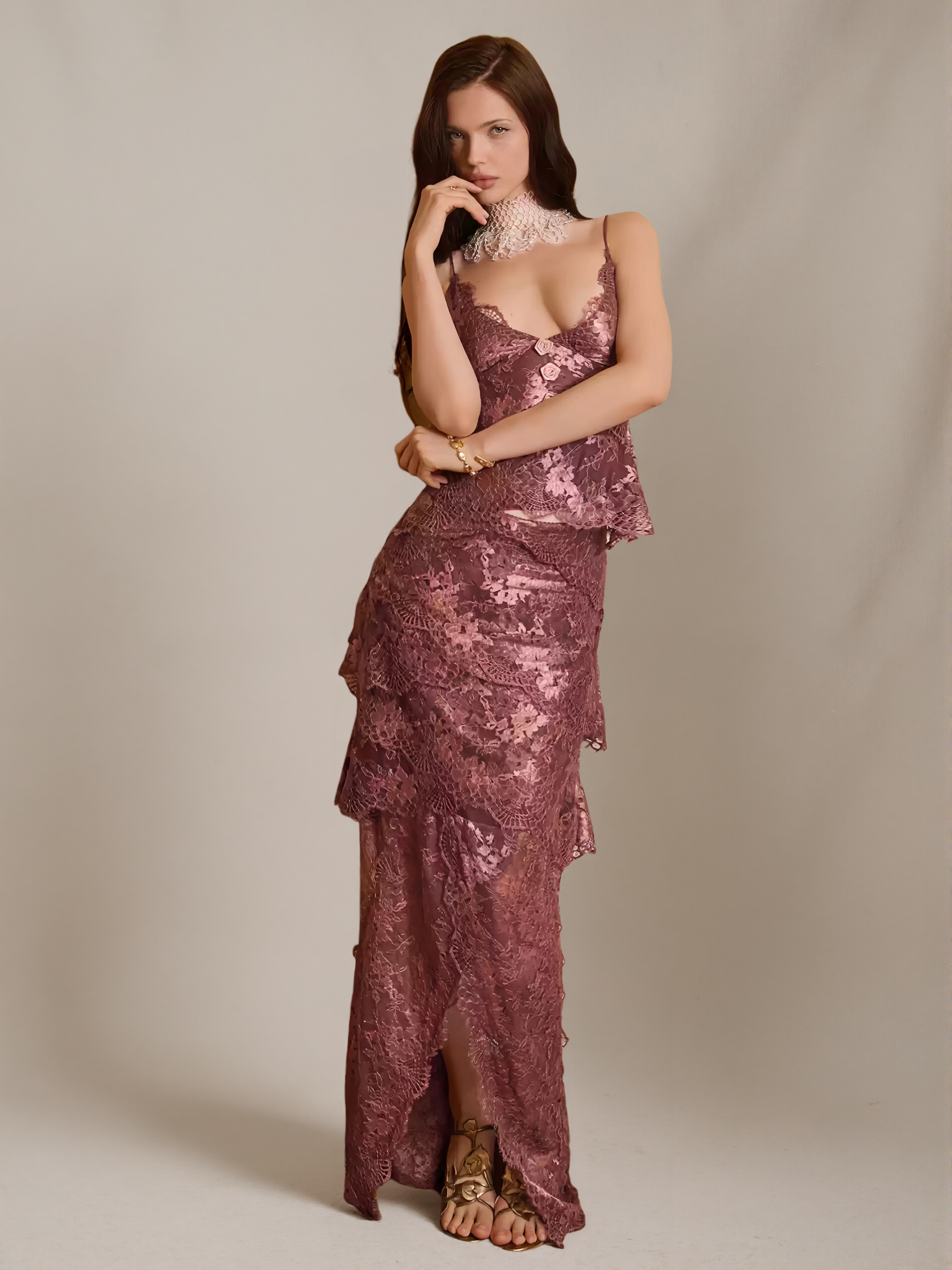 Burgundy Lace Two-Piece Cami Dress