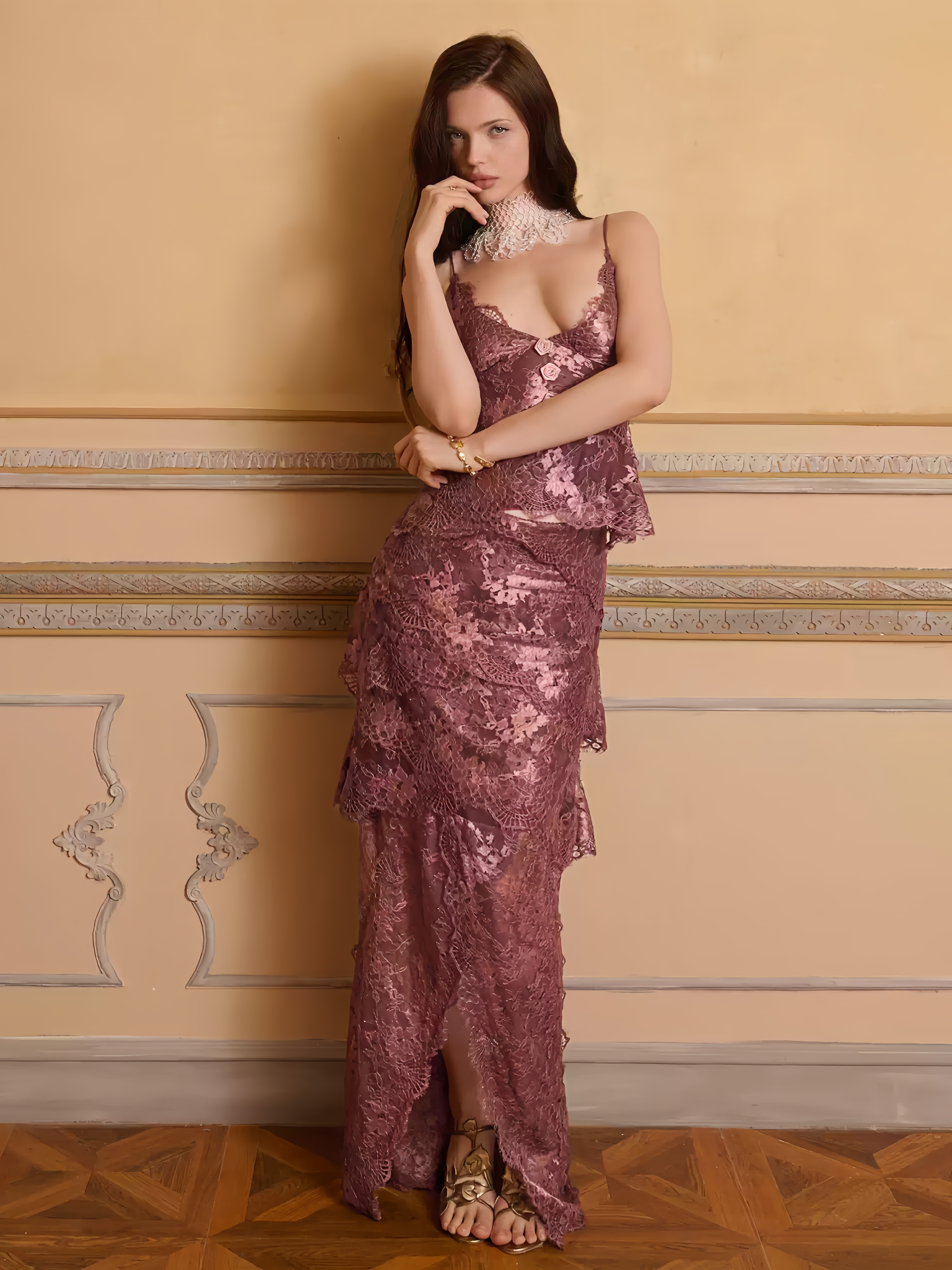 Burgundy Lace Two-Piece Cami Dress