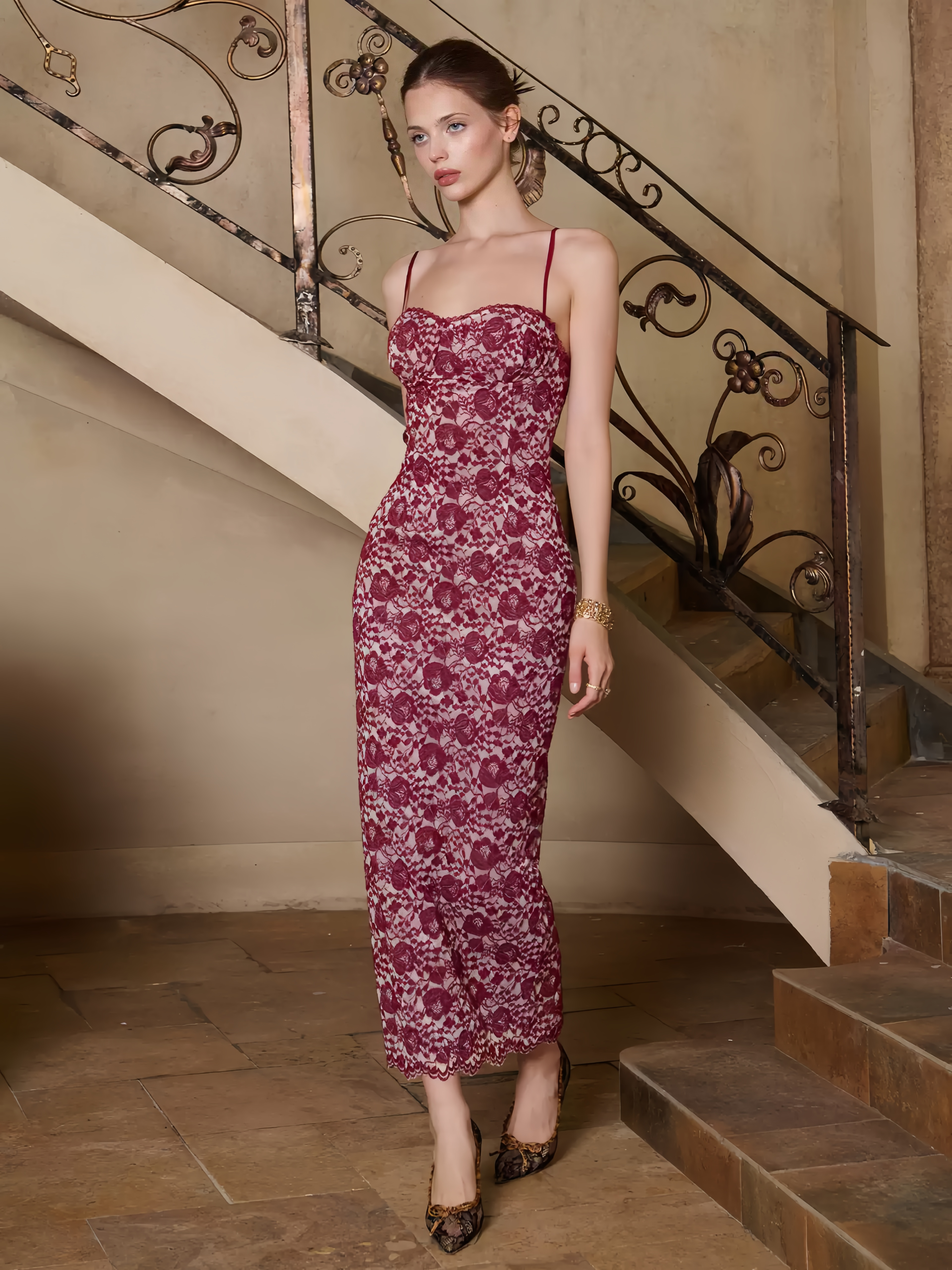 Lace Heavy Embellishment Strap Dress