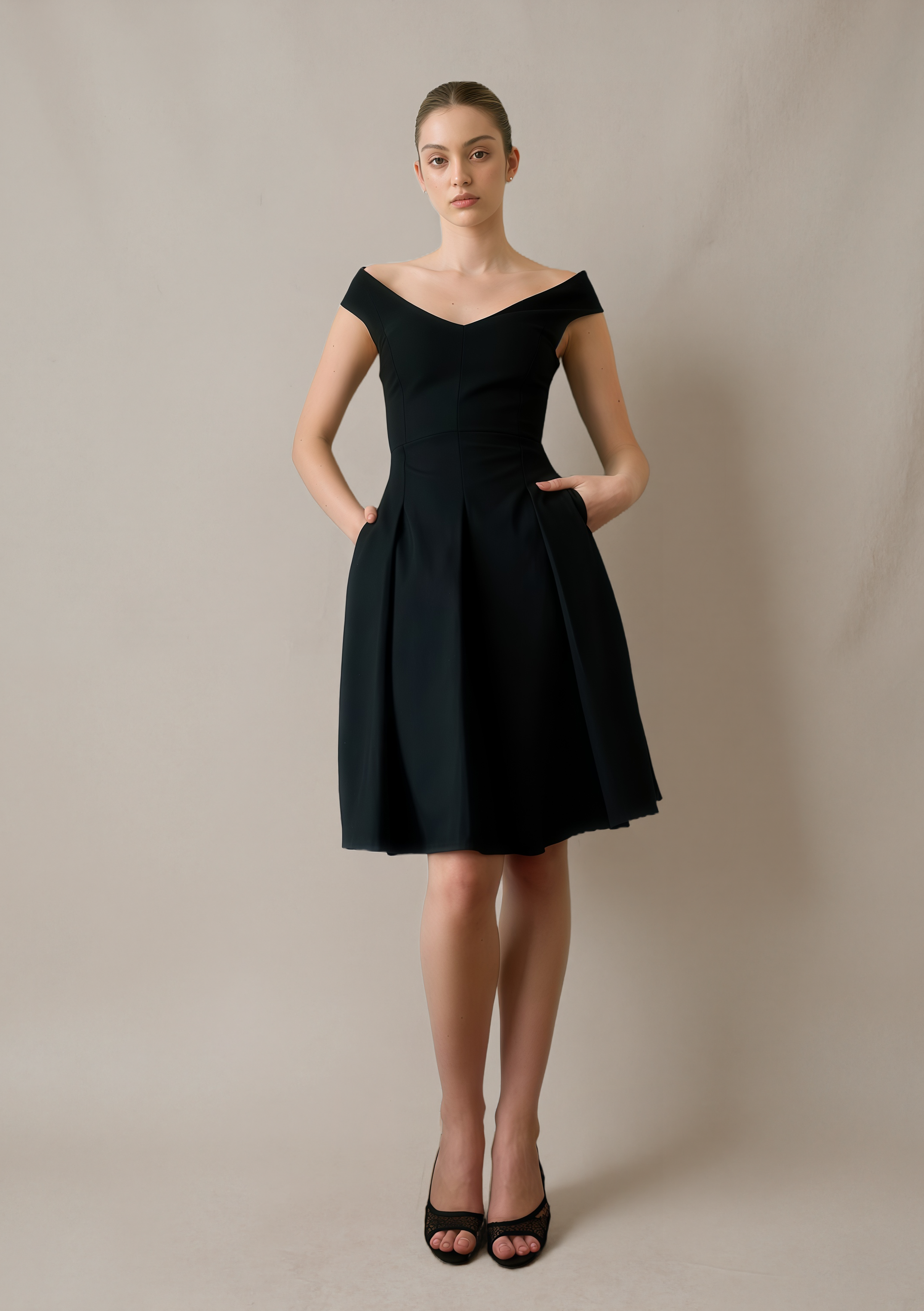 Geometric Cut Fitted Waist V-neck Dress
