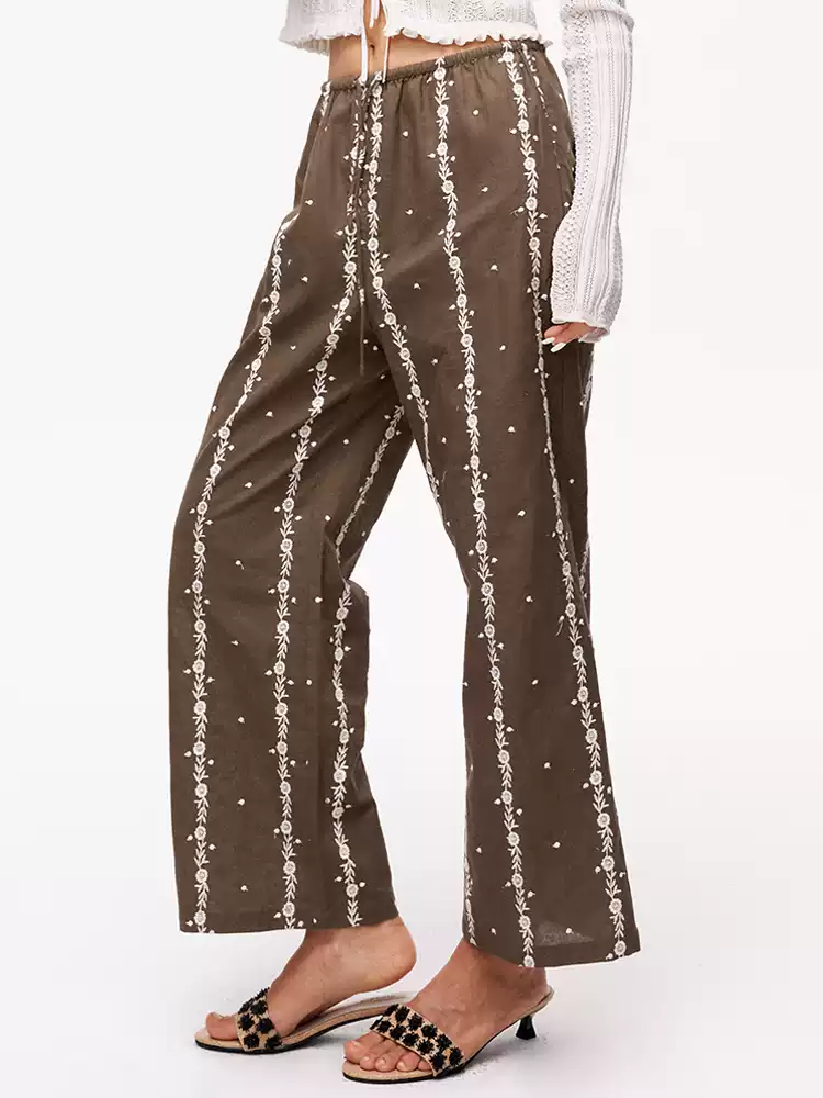 Floral-Print Straight-Leg Cropped Casual Pants