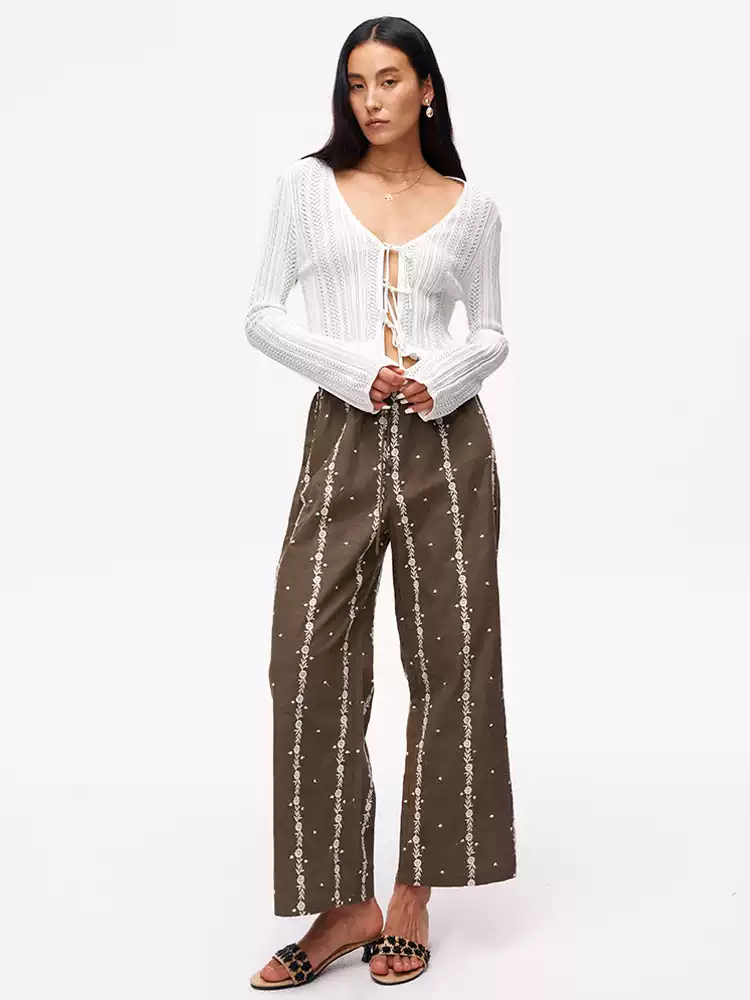 Floral-Print Straight-Leg Cropped Casual Pants