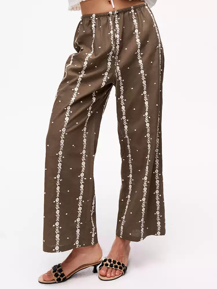 Floral-Print Straight-Leg Cropped Casual Pants