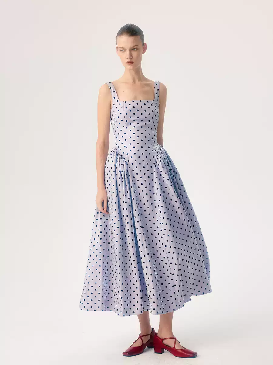Square-Neck Flocked Polka Dot Dress