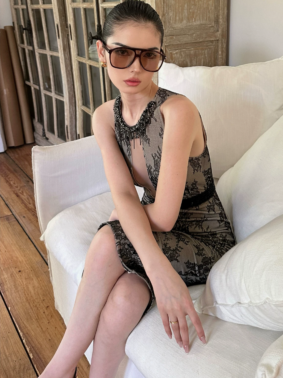 Black cut-out lace embroidered dress