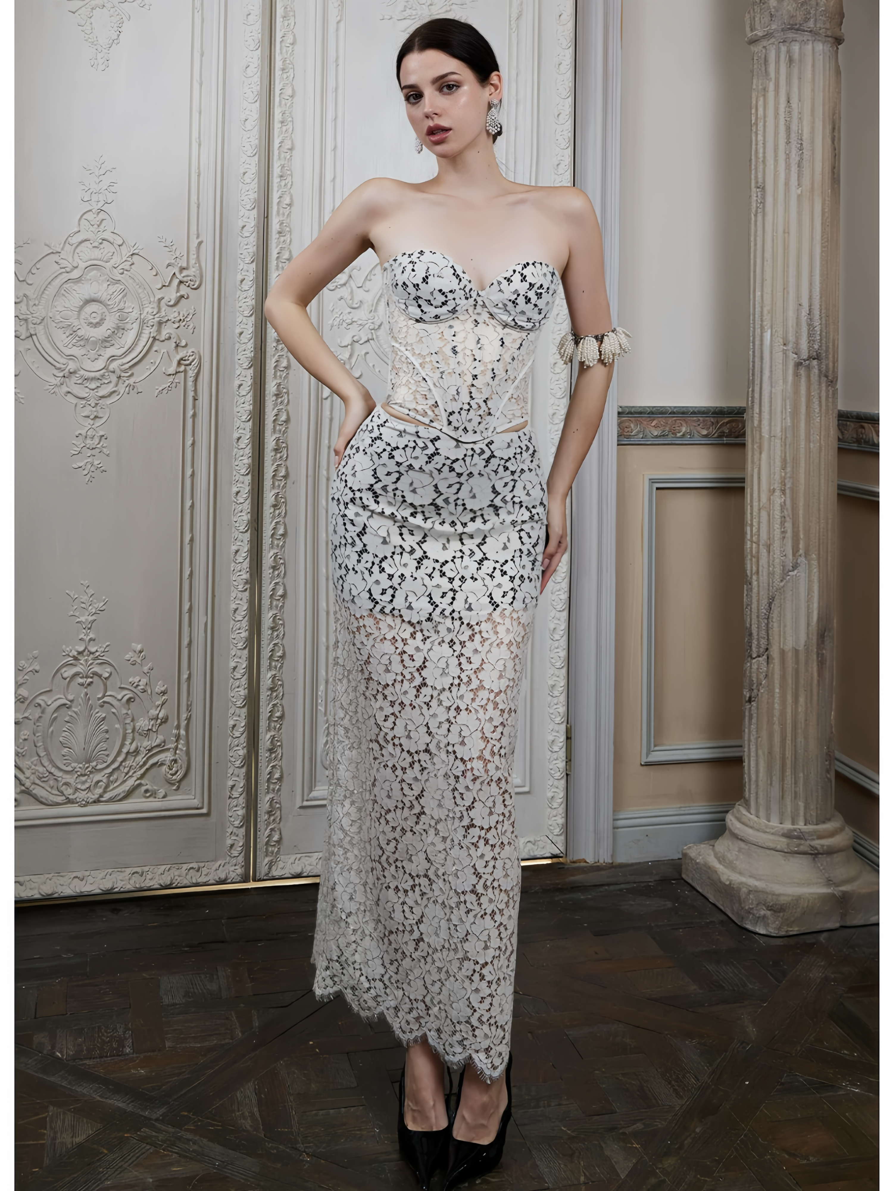 Lace Boned Strapless Two-Piece Dress