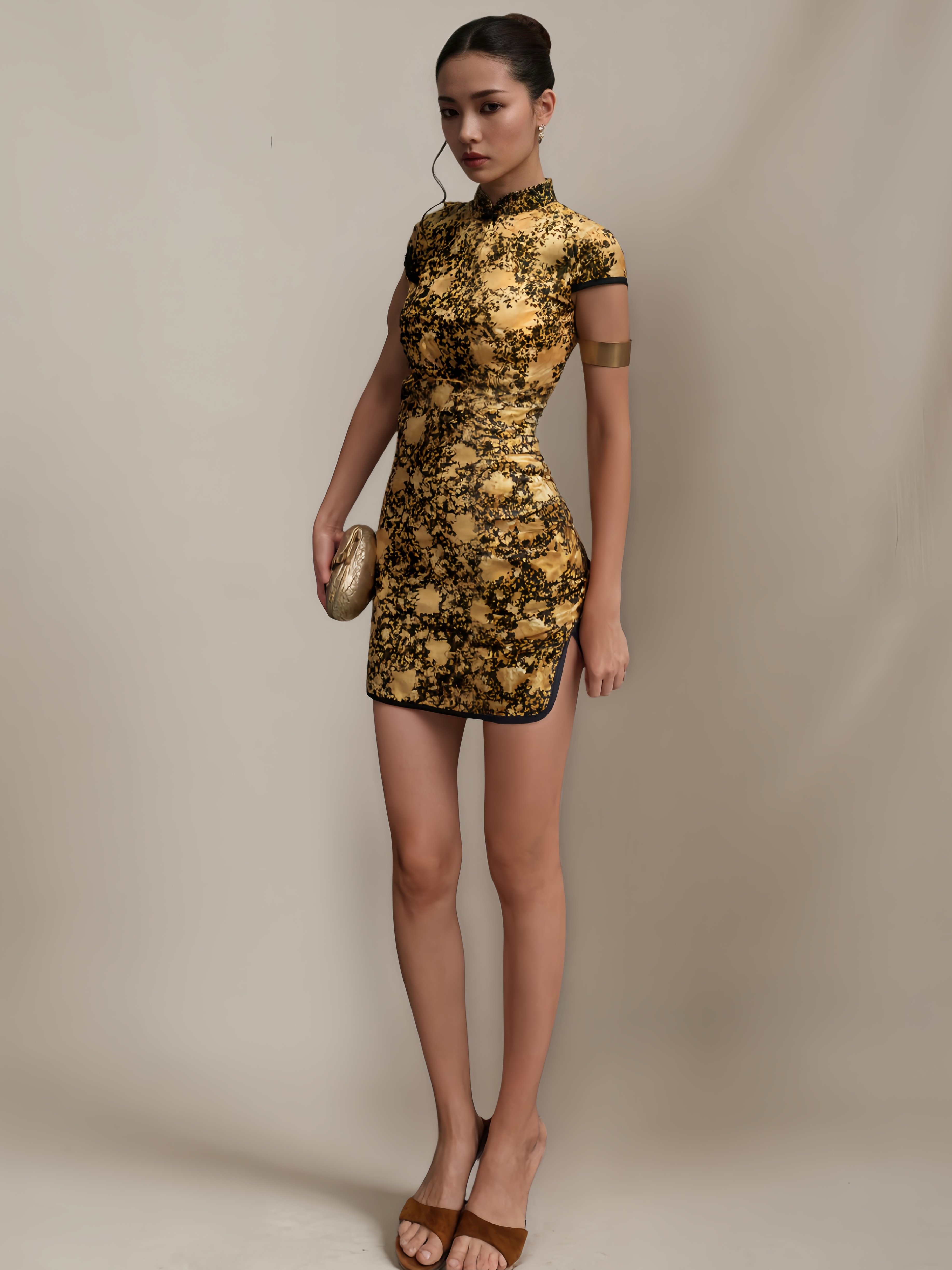 Black and Gold Lace Chinese-Style Mini Qipao Dress