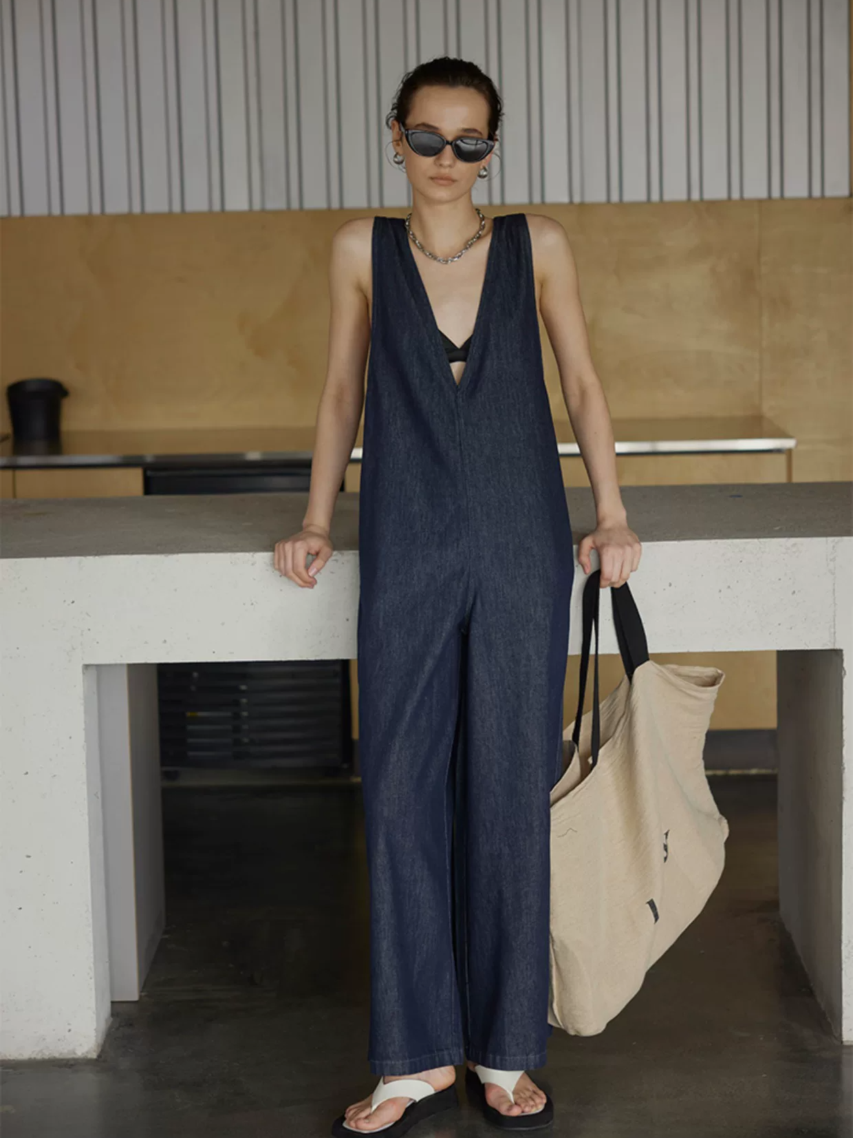 Wide-Leg Denim Jumpsuit with Straps