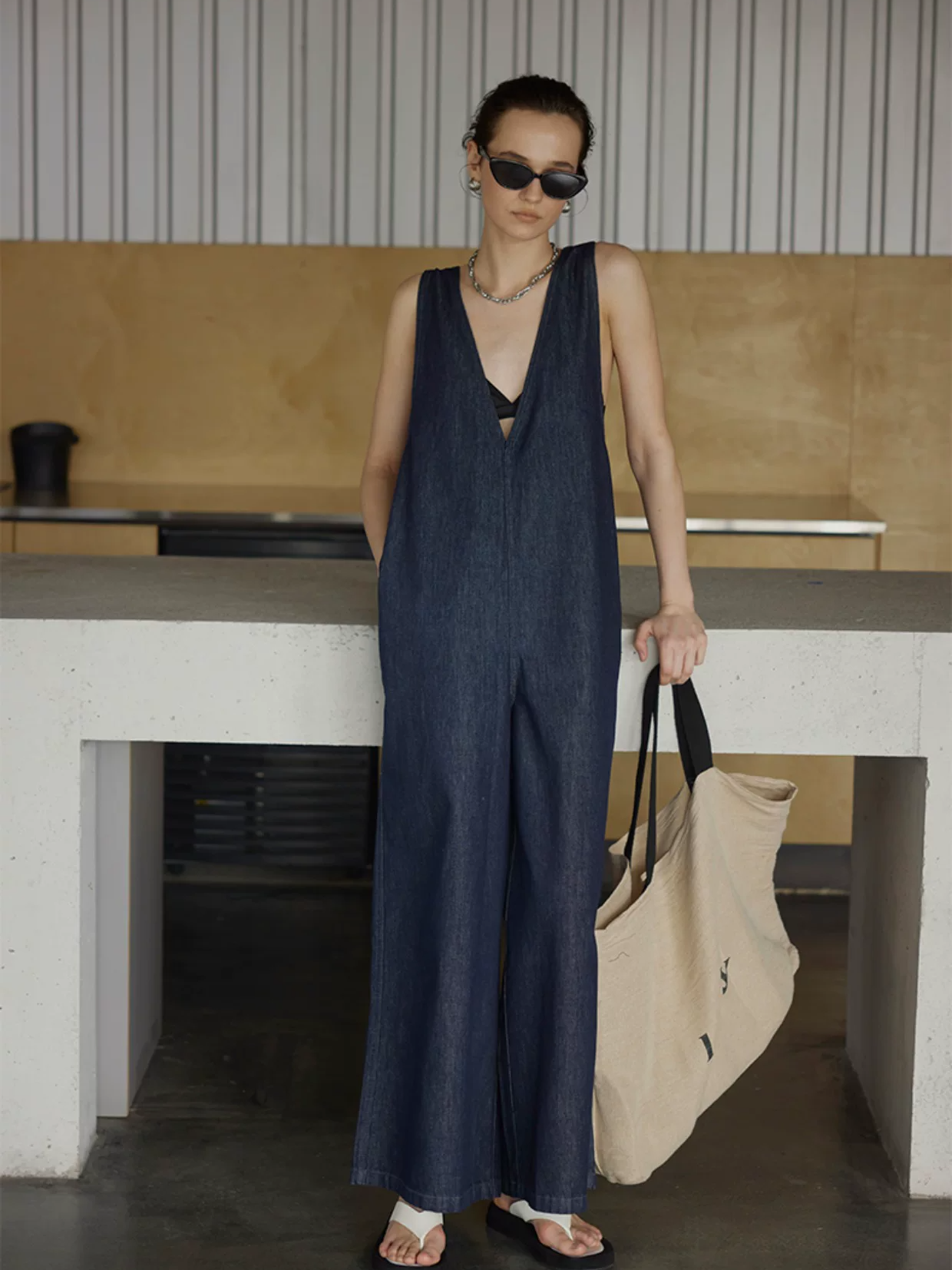 Wide-Leg Denim Jumpsuit with Straps