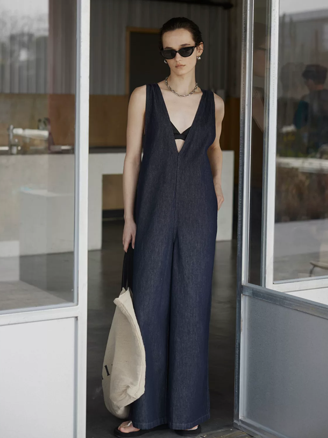 Wide-Leg Denim Jumpsuit with Straps