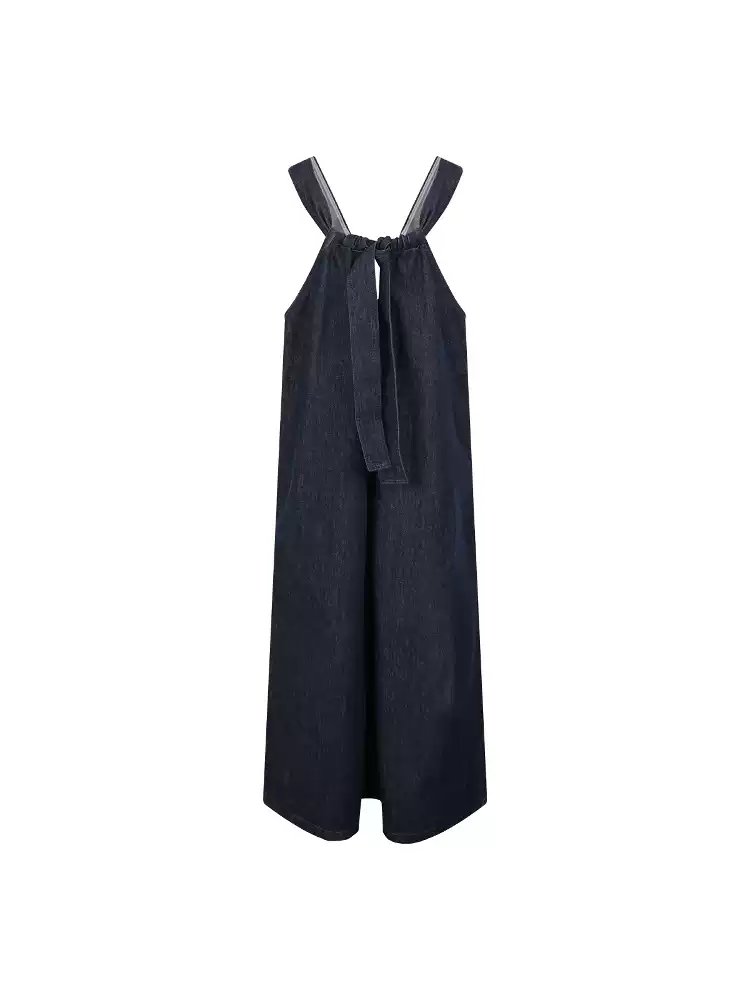 Wide-Leg Denim Jumpsuit with Straps