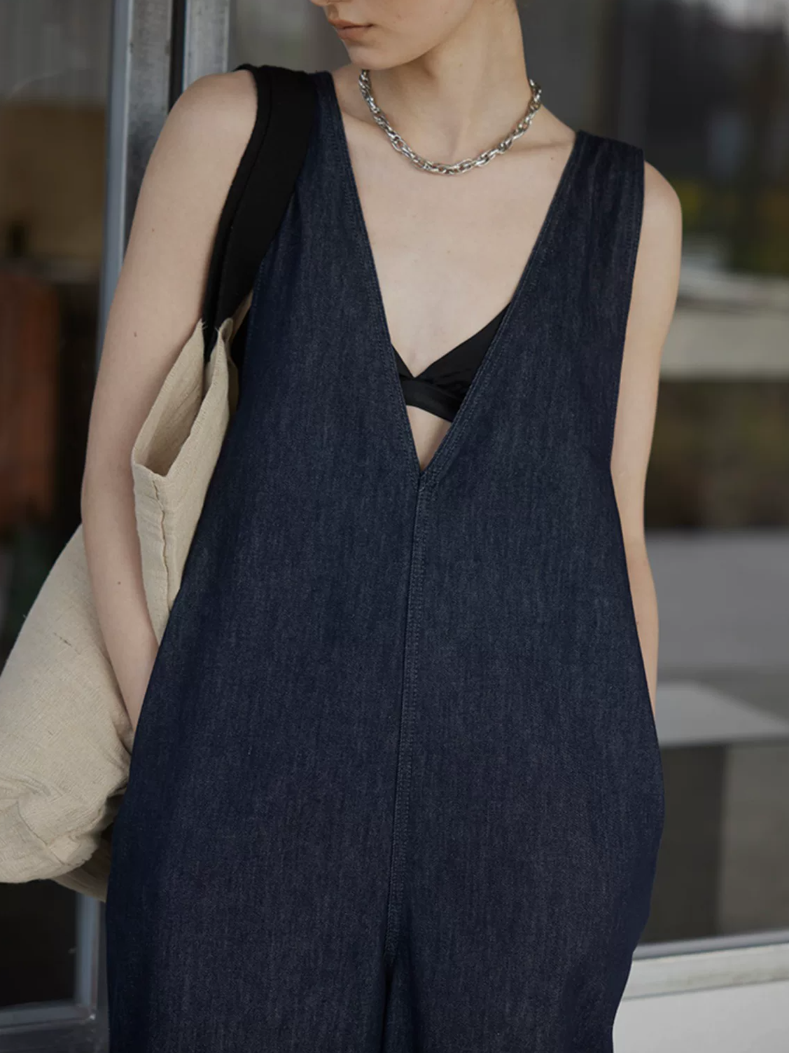 Wide-Leg Denim Jumpsuit with Straps