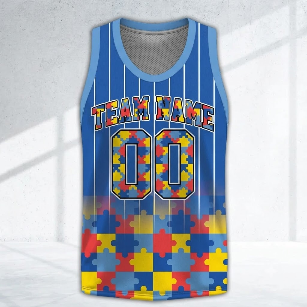 Personalized Name Number Puzzle Bow Autism Blue Basketball Jersey