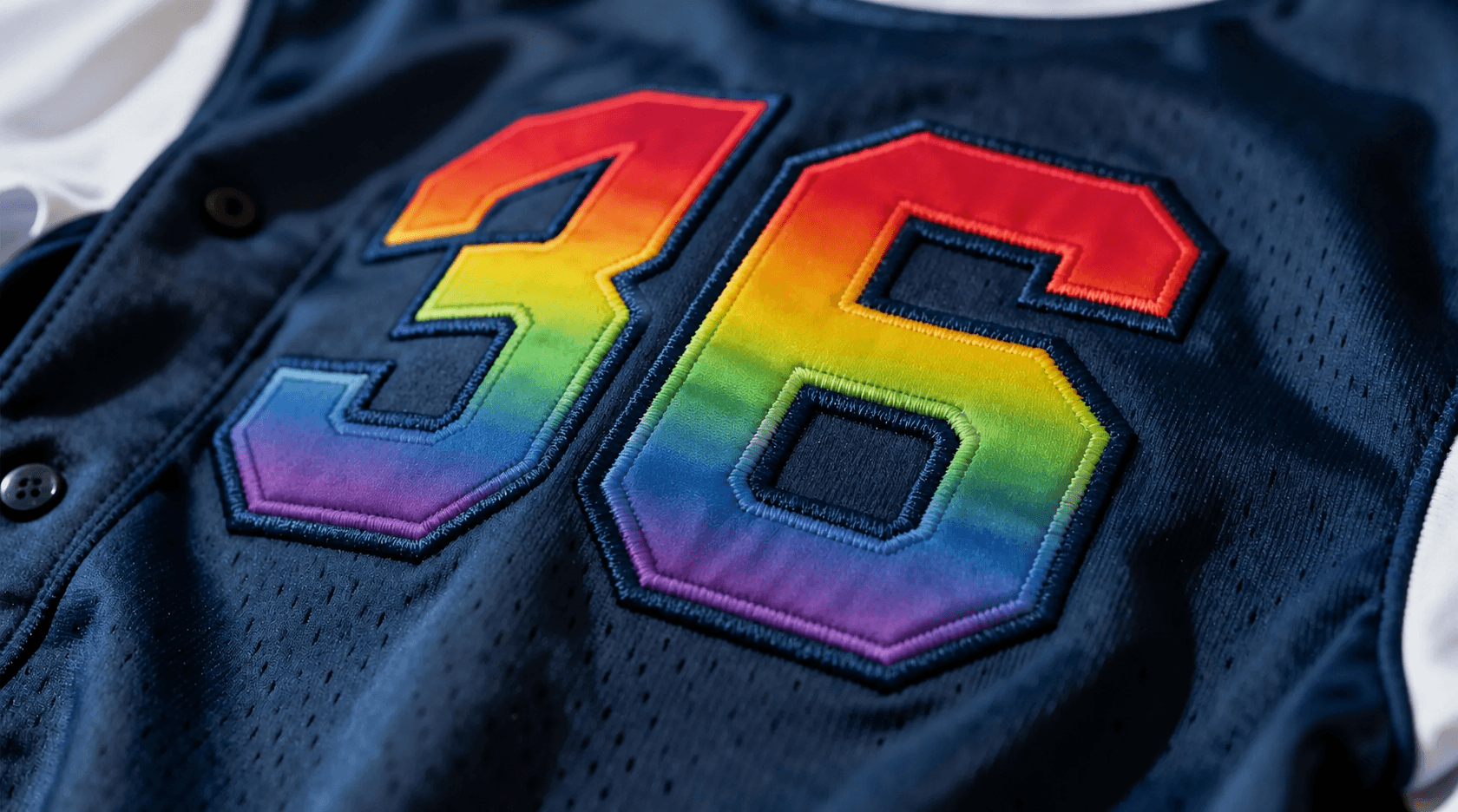 Experienced seamstress carefully sewing a rainbow pride sports jersey with embroidered number 36 on an industrial sewing machine, surrounded by colorful thread spools in a professional workshop.