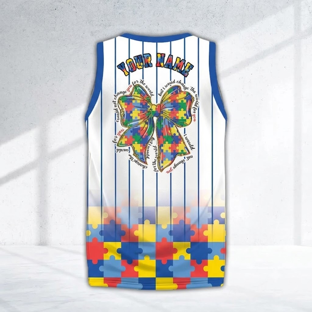 Personalized Name Number Puzzle Bow Autism White Basketball Jersey
