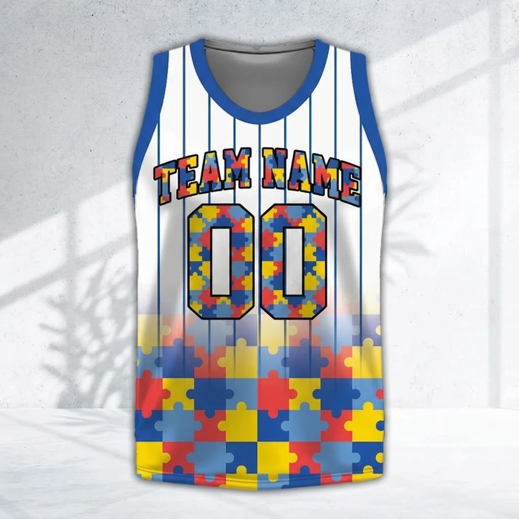 Personalized Name Number Puzzle Bow Autism White Basketball Jersey
