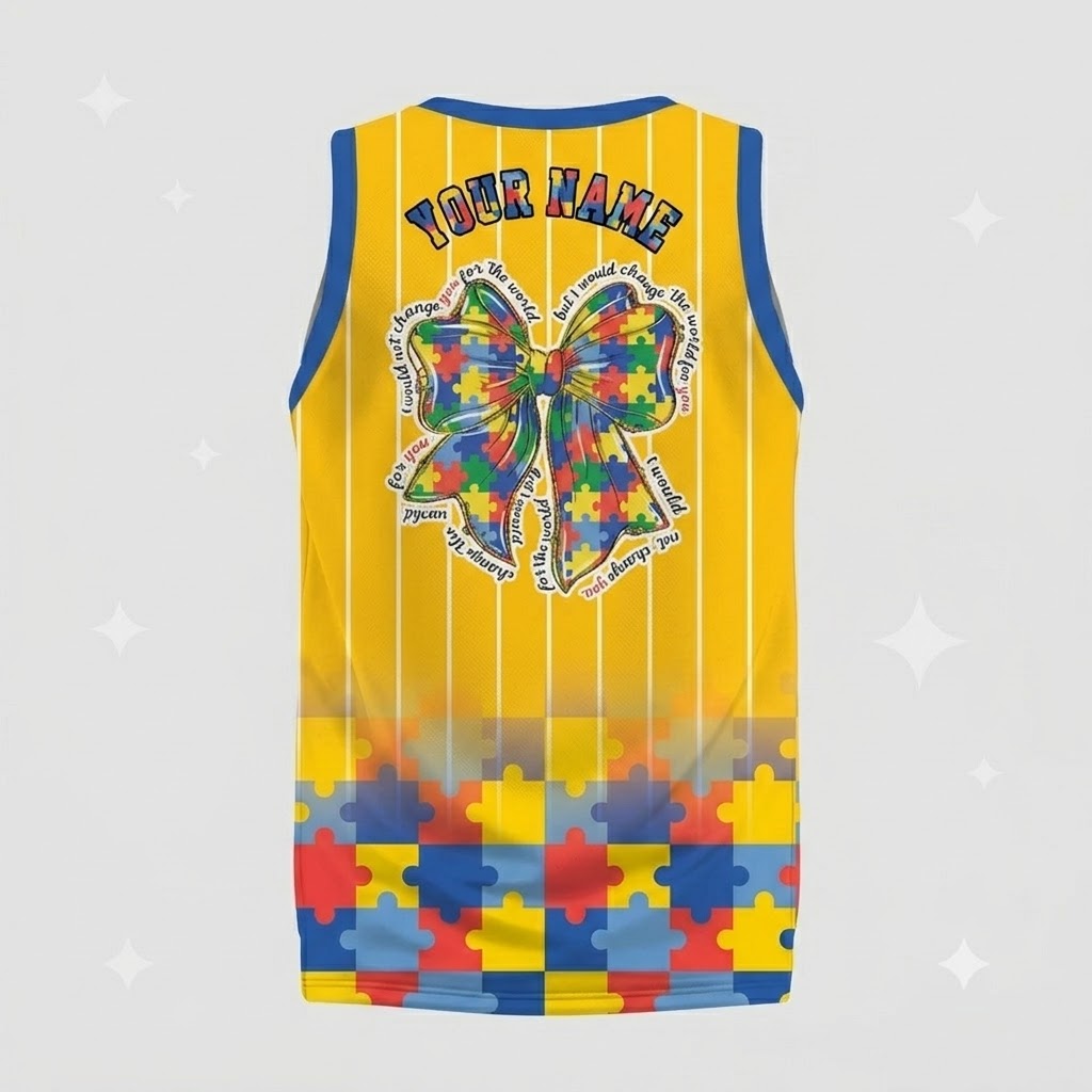 Personalized Name Number Puzzle Bow Autism Yellow Basketball Jersey