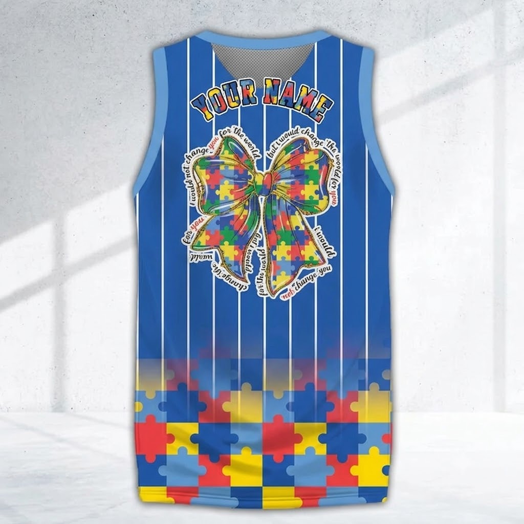 Personalized Name Number Puzzle Bow Autism Blue Basketball Jersey