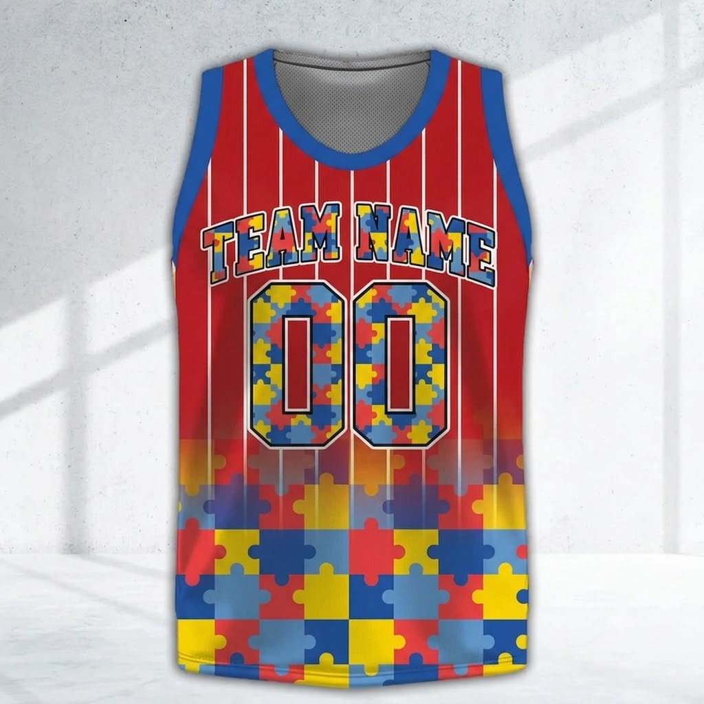 Personalized Name Number Puzzle Bow Autism Red Basketball Jersey