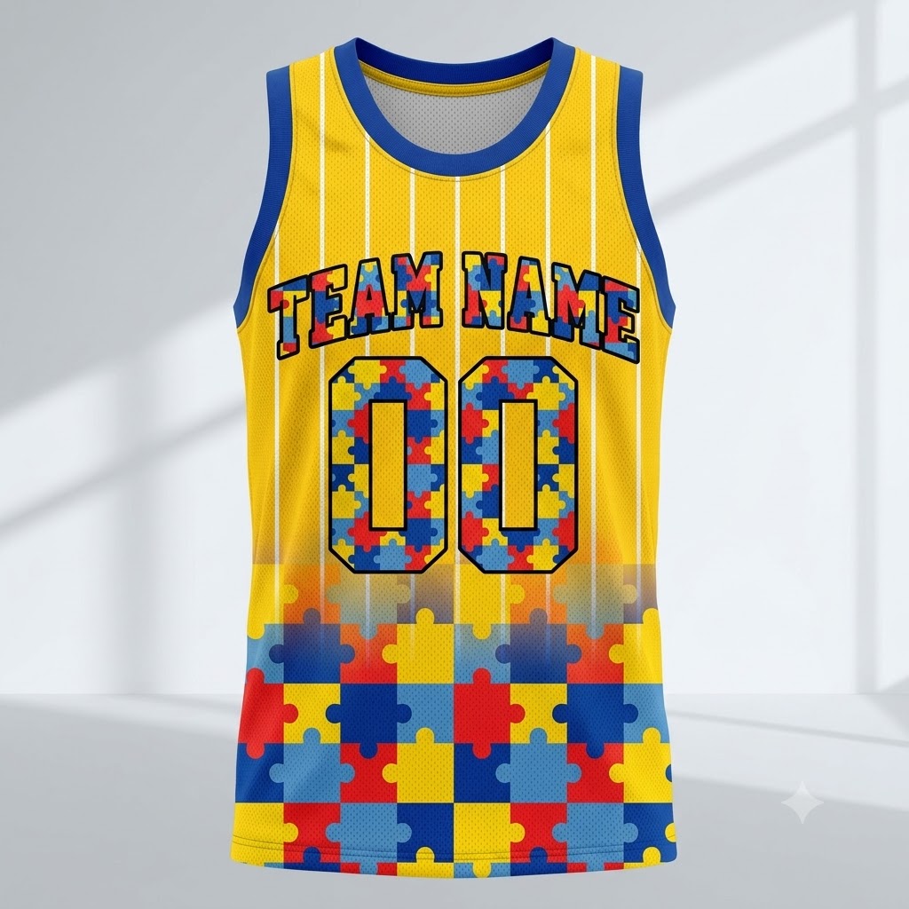 Personalized Name Number Puzzle Bow Autism Yellow Basketball Jersey