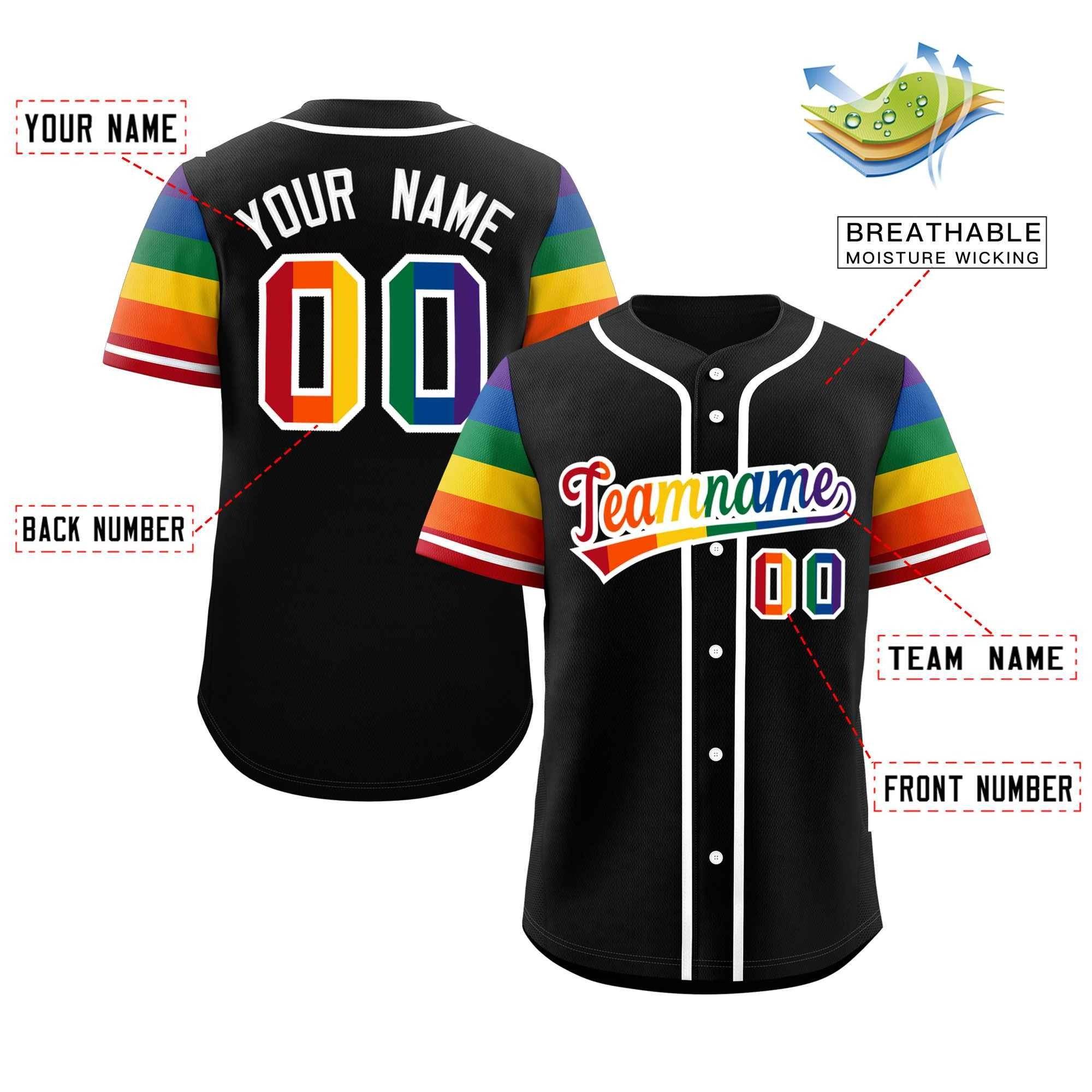 Custom Black Rainbow For Pride Month Raglan Sleeves  Baseball Jersey
