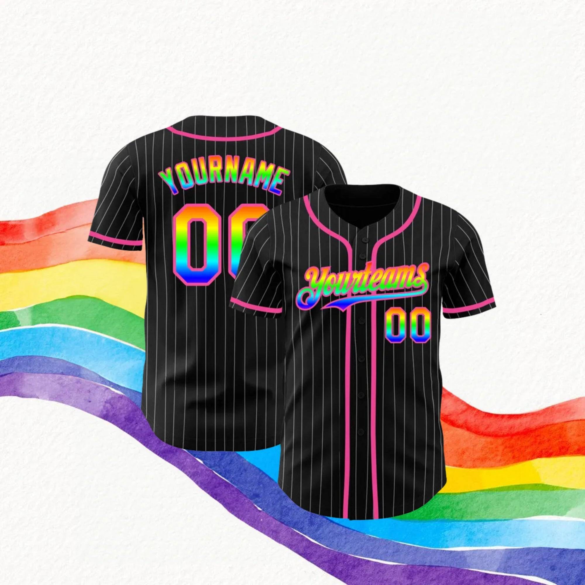 Custom Black White Pinstripe Rainbow-Pink Baseball Jersey