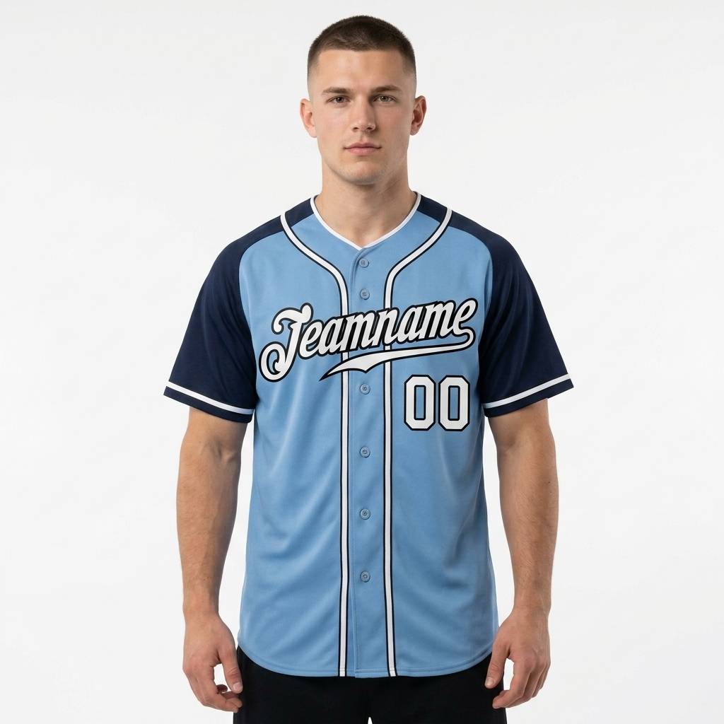 Custom Blue & White/Navy Raglan Sleeves Baseball Jersey
