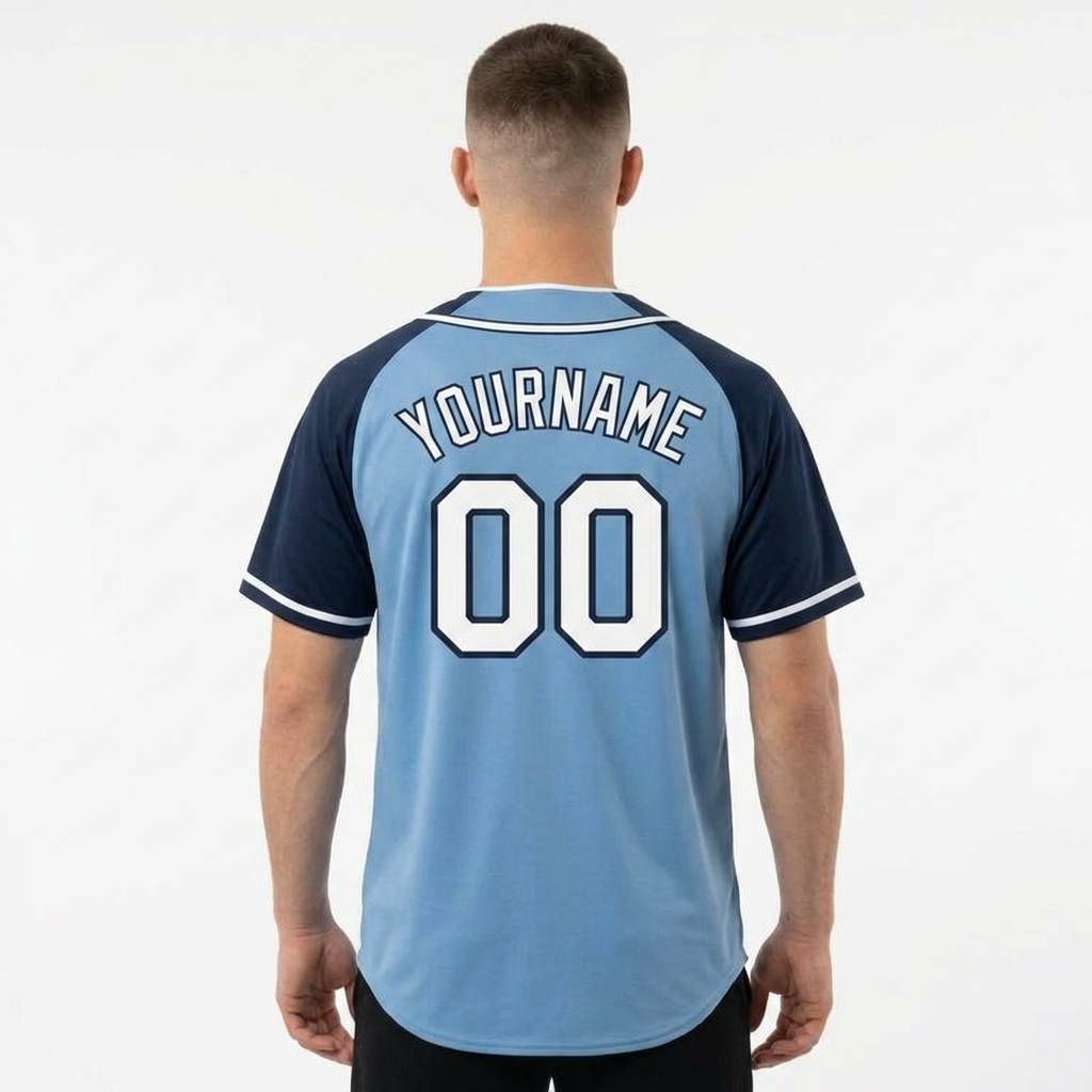 Custom Blue & White/Navy Raglan Sleeves Baseball Jersey