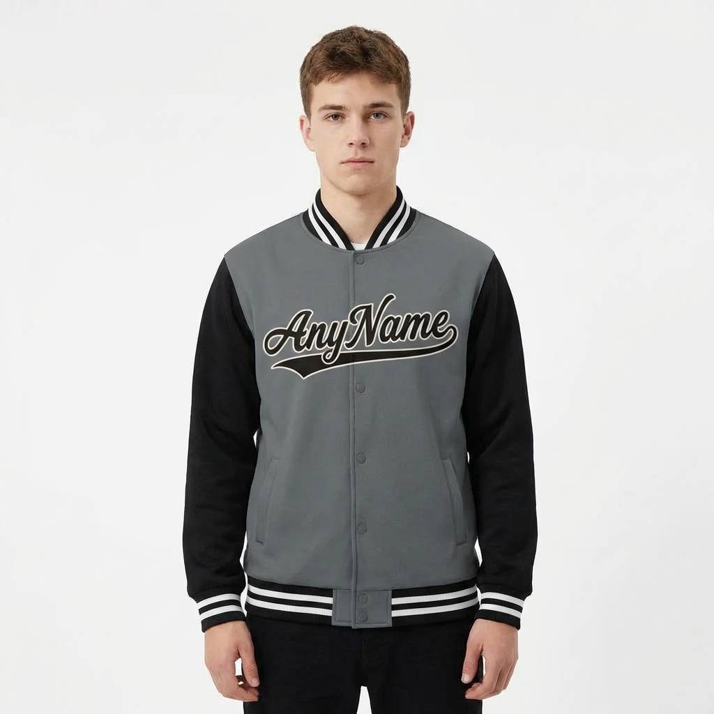 Custom Grey & Black/White Full-Snap Raglan Sleeve Fleece Jacket
