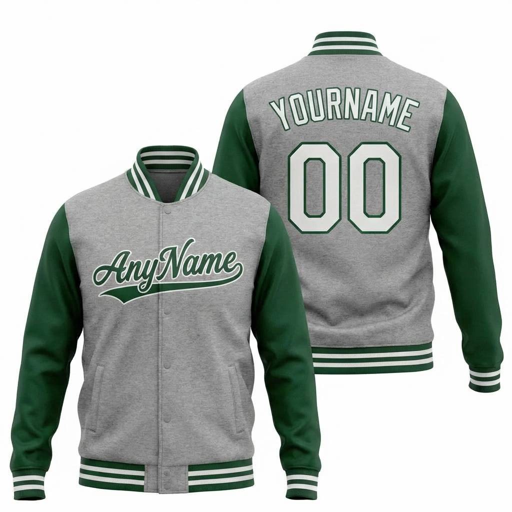 Custom Grey & Green/White Full-Snap Raglan Sleeve Fleece Jacket
