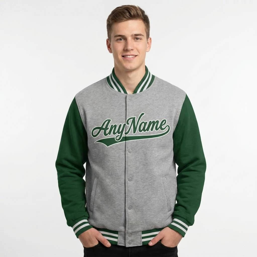 Custom Grey & Green/White Full-Snap Raglan Sleeve Fleece Jacket