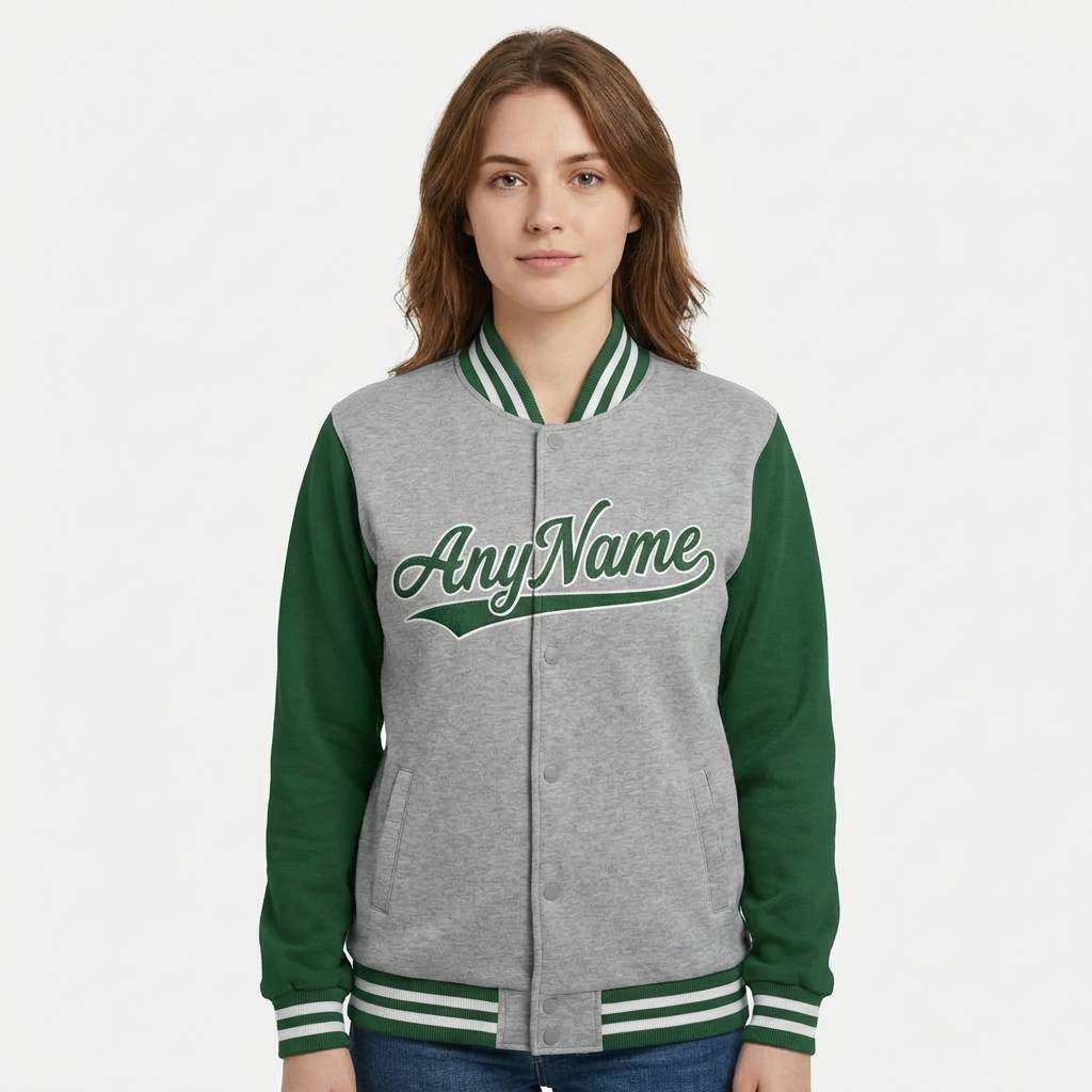 Custom Grey & Green/White Full-Snap Raglan Sleeve Fleece Jacket