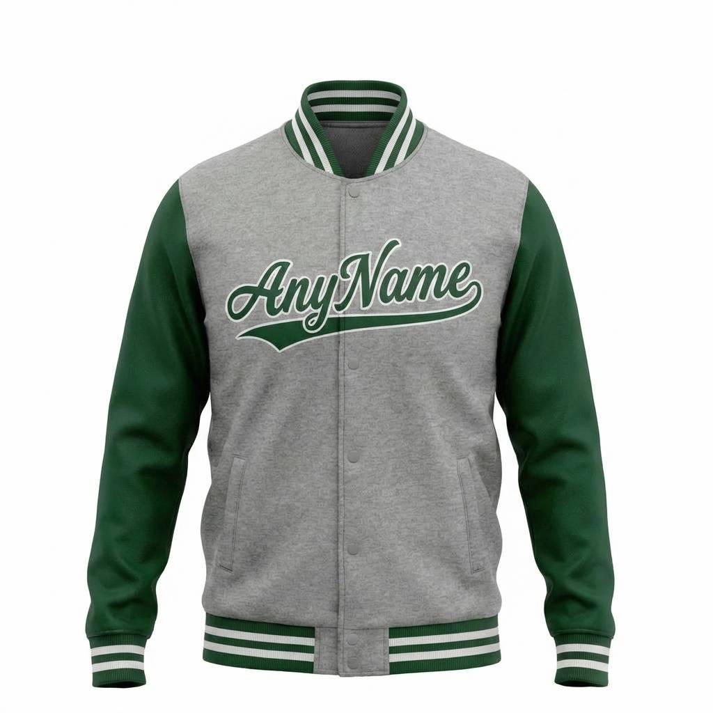 Custom Grey & Green/White Full-Snap Raglan Sleeve Fleece Jacket