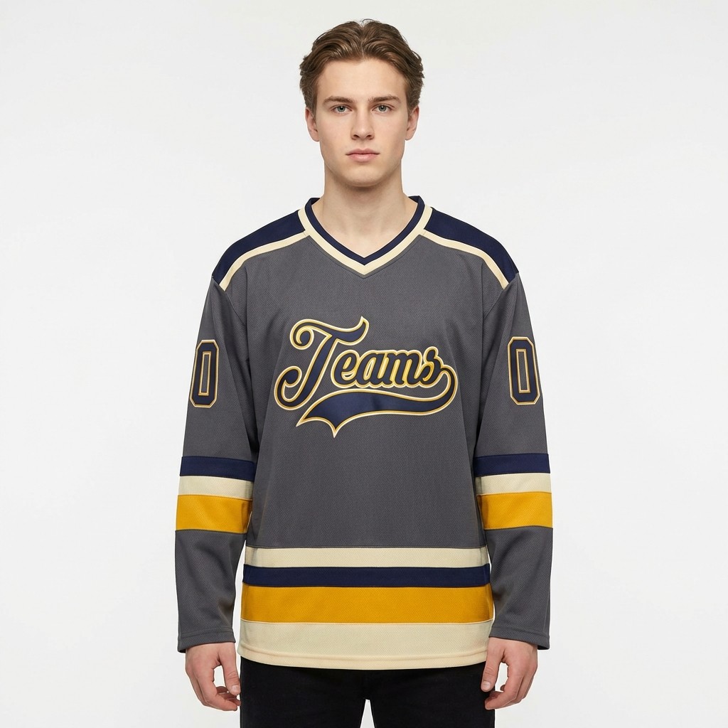 Custom Grey & Navy/Yellow Hockey Jersey