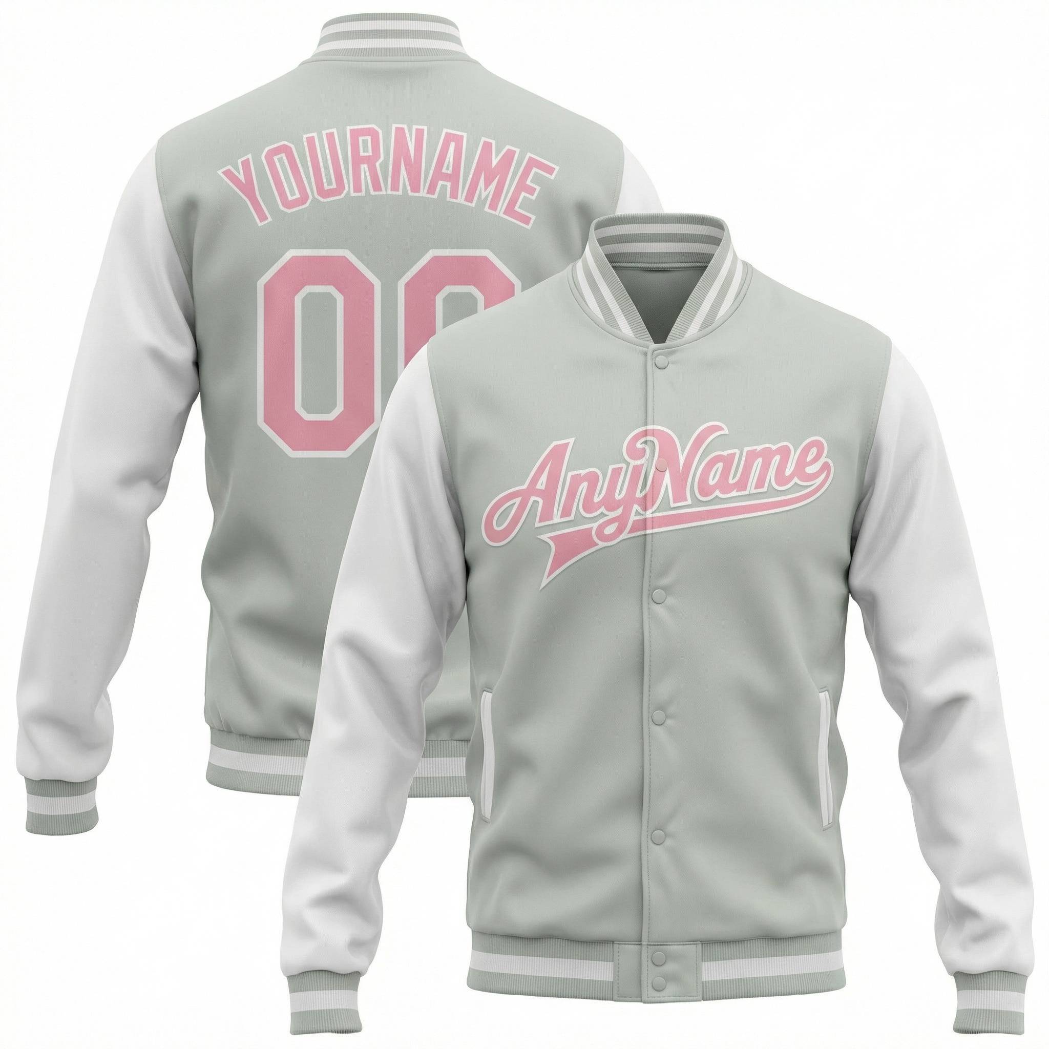Custom Grey & Pink/White Full-Snap Raglan Sleeve Fleece Jacket