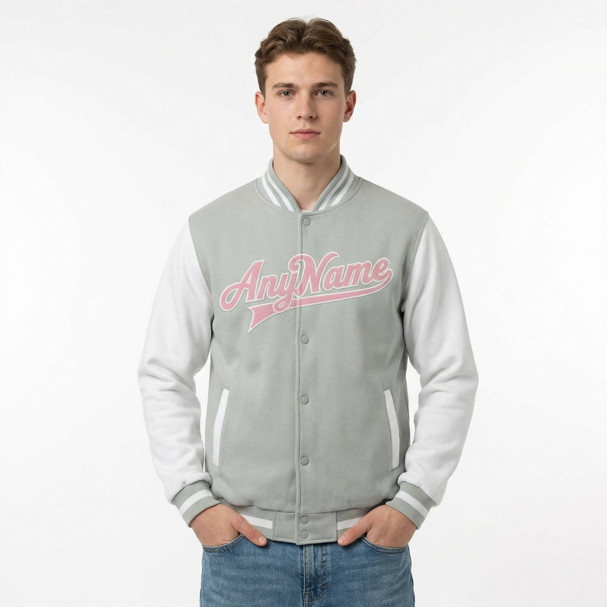 Custom Grey & Pink/White Full-Snap Raglan Sleeve Fleece Jacket