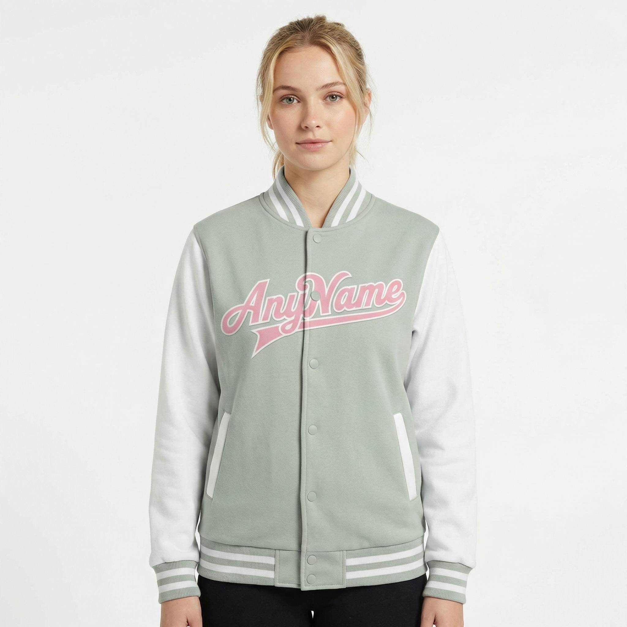 Custom Grey & Pink/White Full-Snap Raglan Sleeve Fleece Jacket