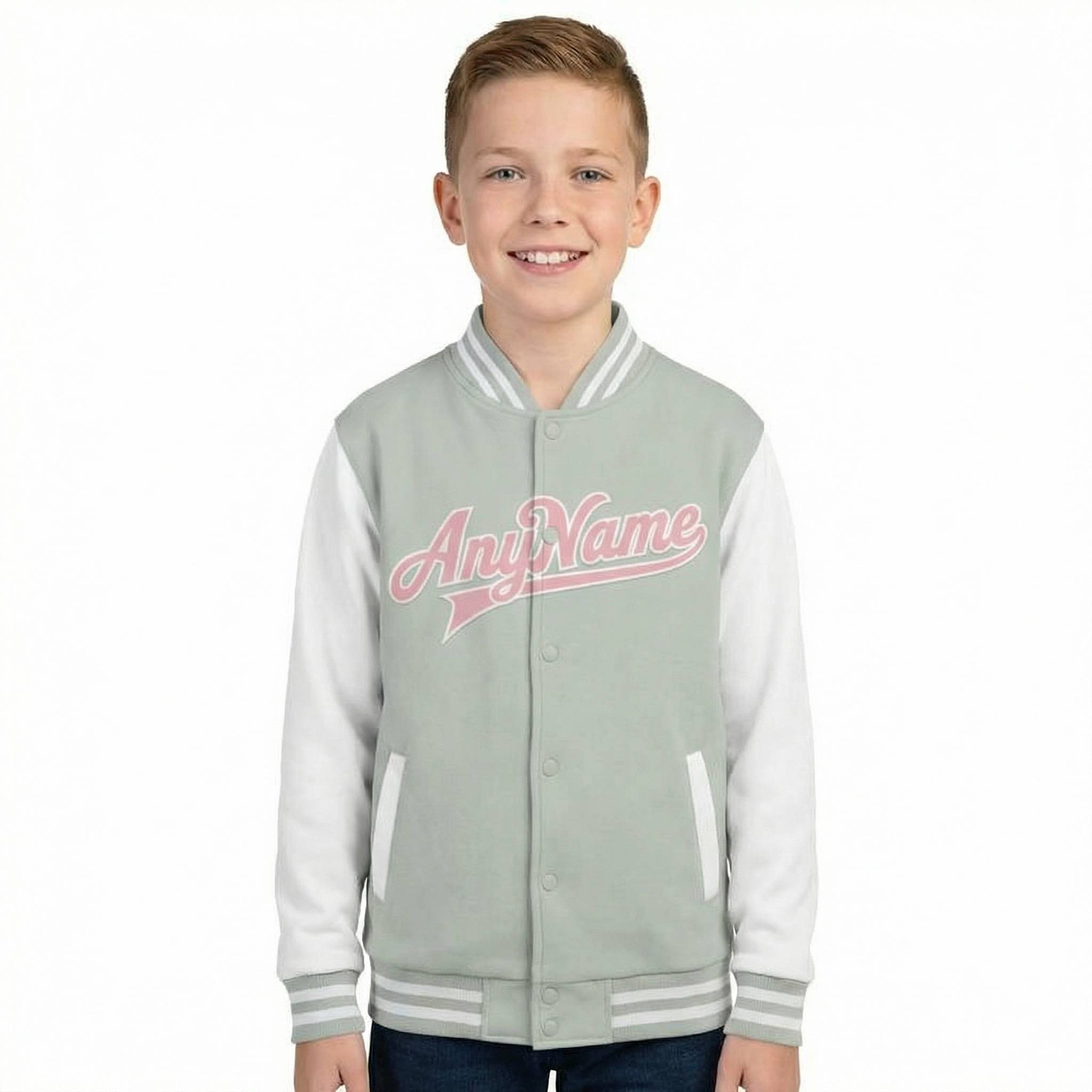 Custom Grey & Pink/White Full-Snap Raglan Sleeve Fleece Jacket