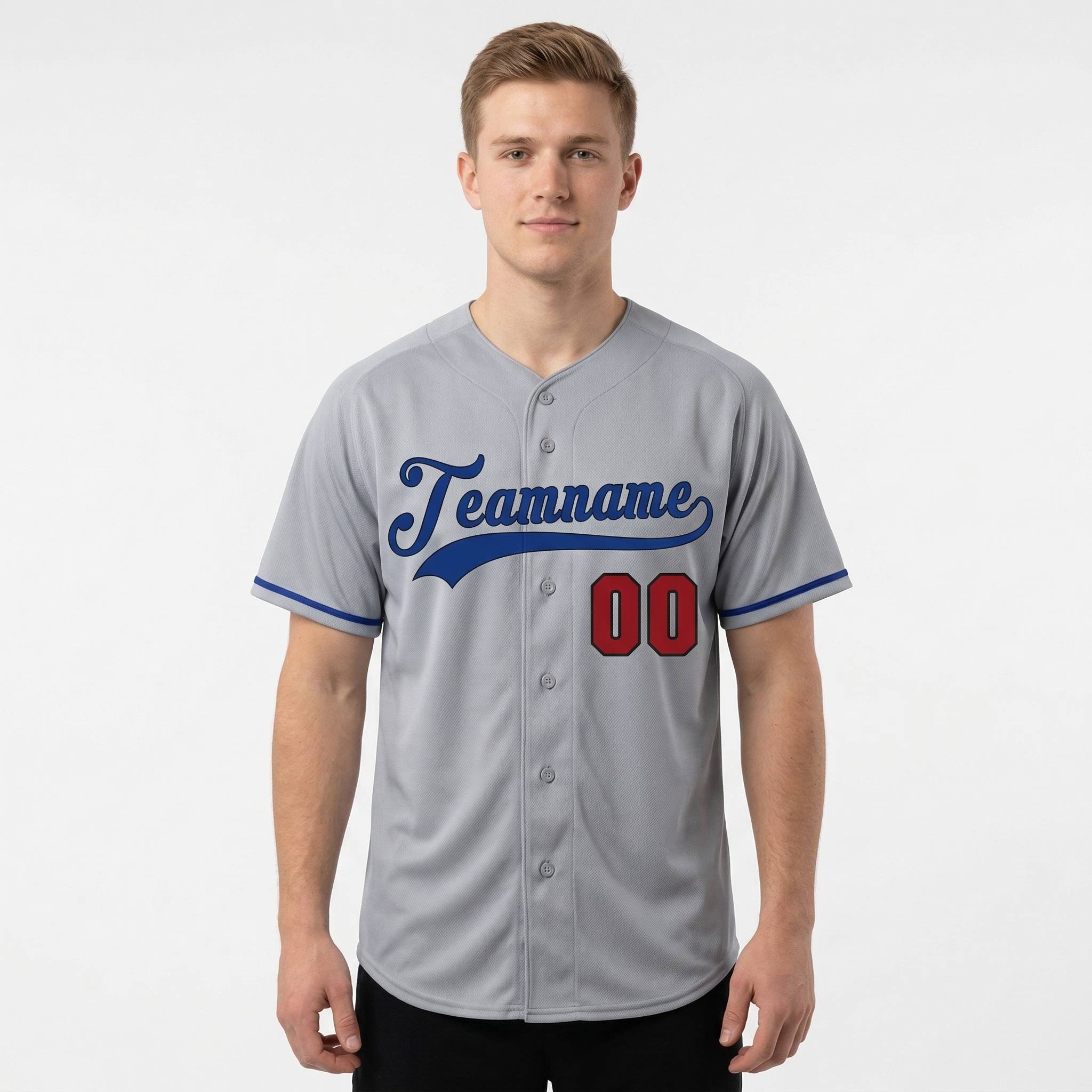 Custom Grey & Royal/Red Baseball Jersey