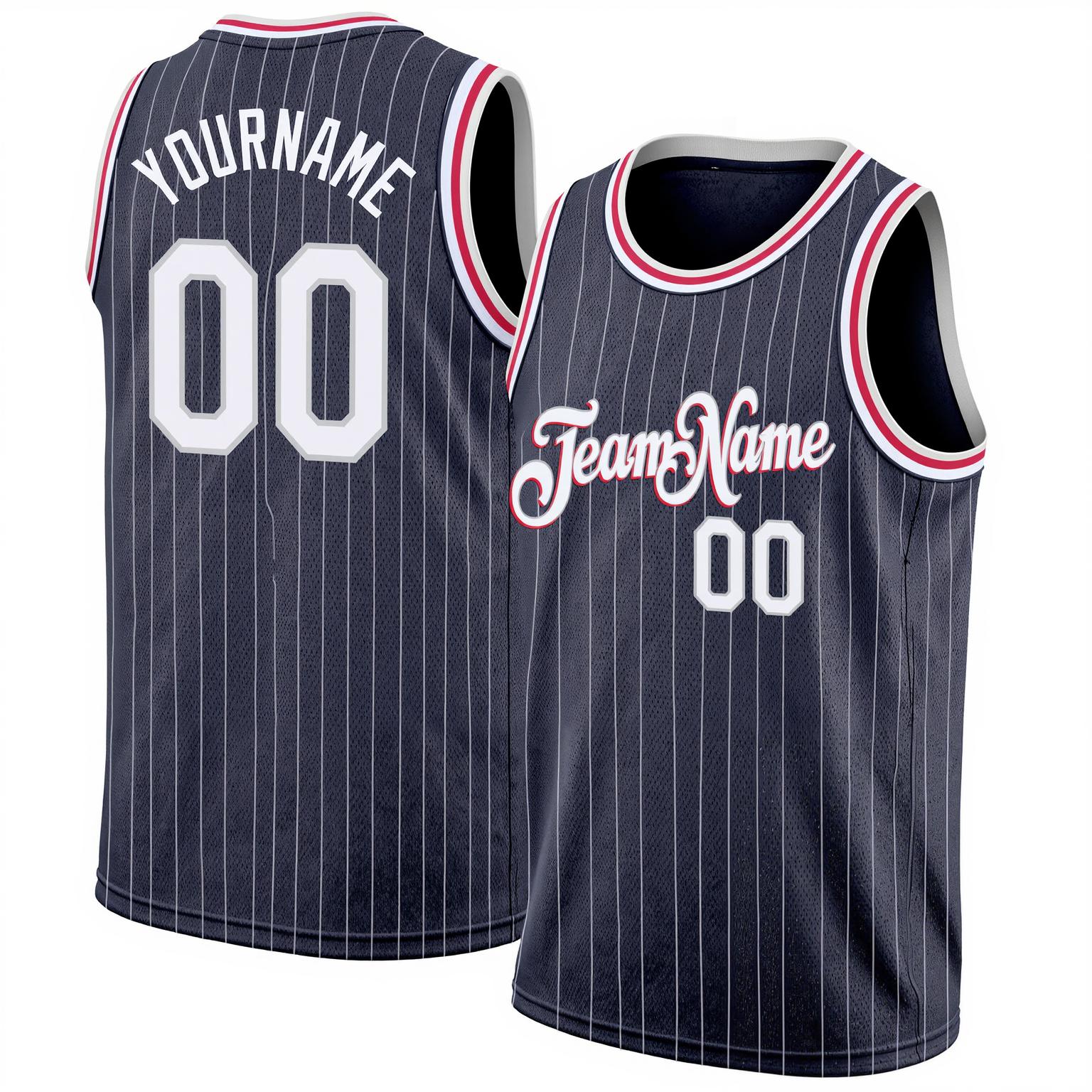 Custom Navy & White/Red Pinstripes Basketball City Edition Jersey