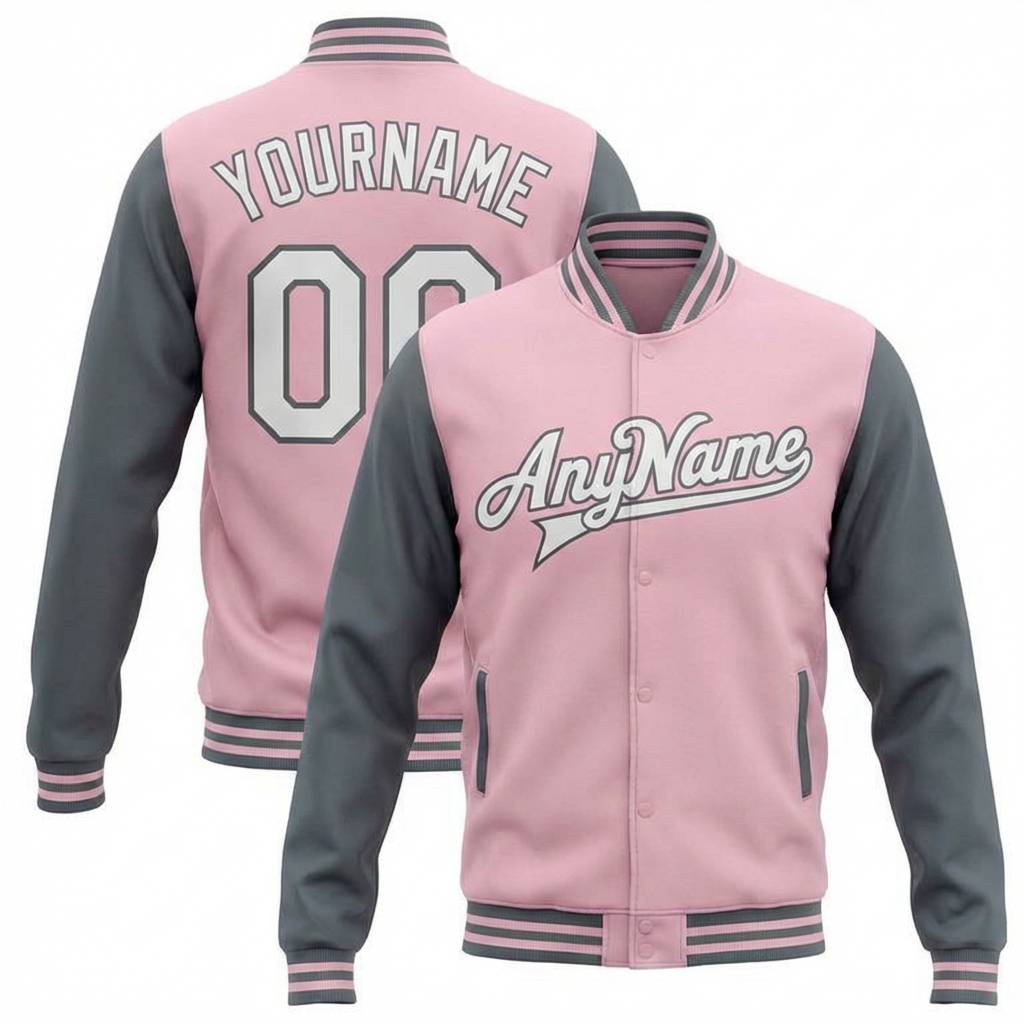 Custom Pink & White/Grey Full-Snap Raglan Sleeve Fleece Jacket