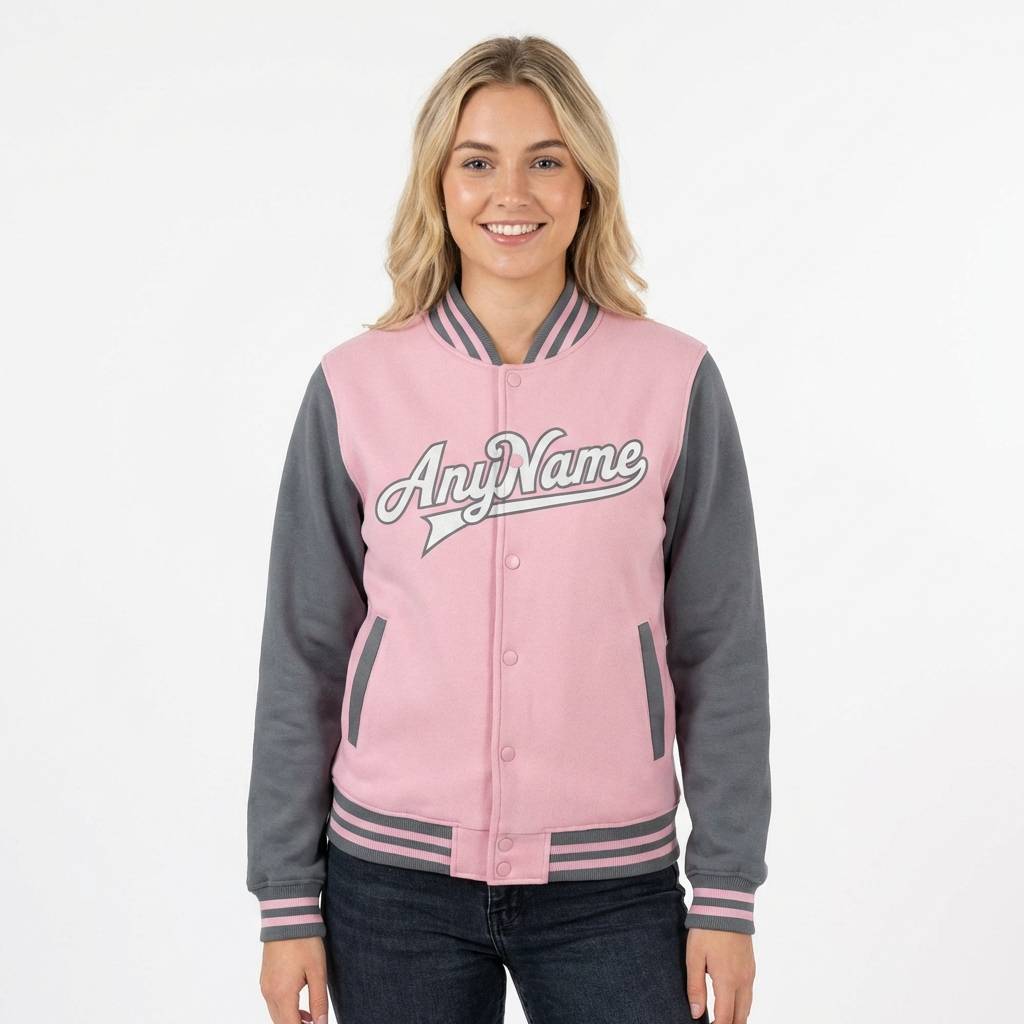 Custom Pink & White/Grey Full-Snap Raglan Sleeve Fleece Jacket