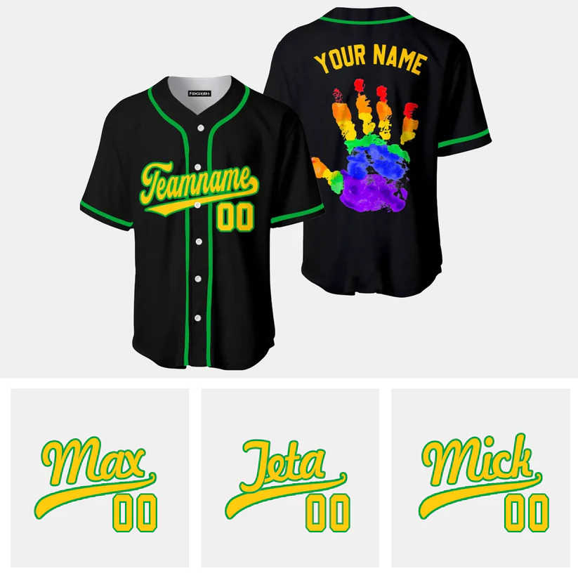 Custom Pride Hand LGBT Yellow Green Black Baseball Jersey