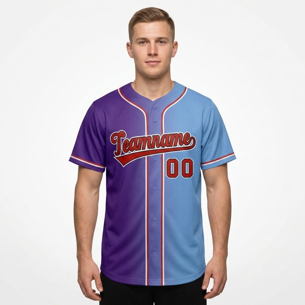 Custom Sky Blue & Purple/Red-White Gradient Fashion Baseball Jersey