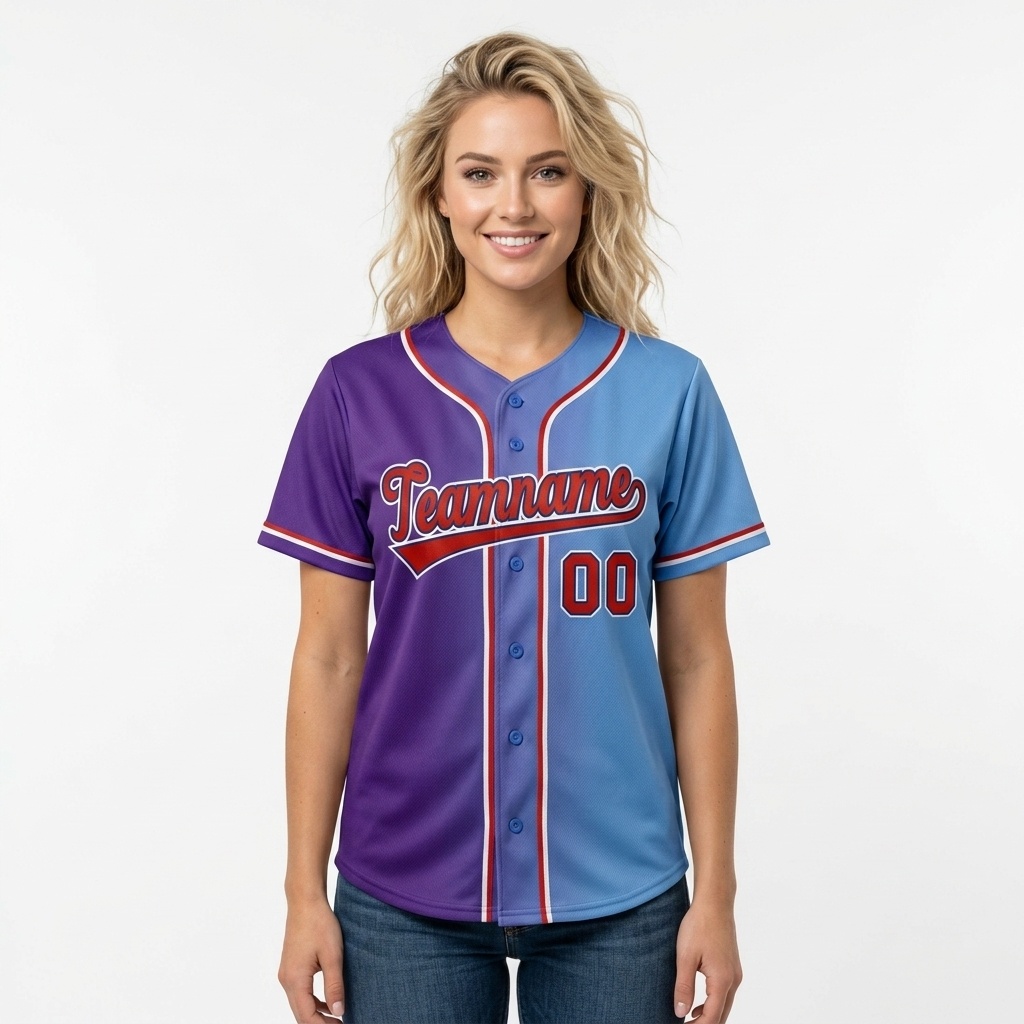 Custom Sky Blue & Purple/Red-White Gradient Fashion Baseball Jersey